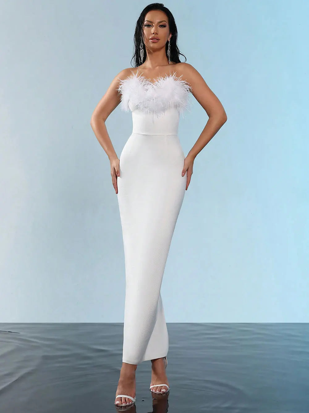 Spring Sexy Women Feather Design Bandage Dress Strapless Sleeveless Bodycon Backless Long Dress Evening Club Party Vestidos WHITE