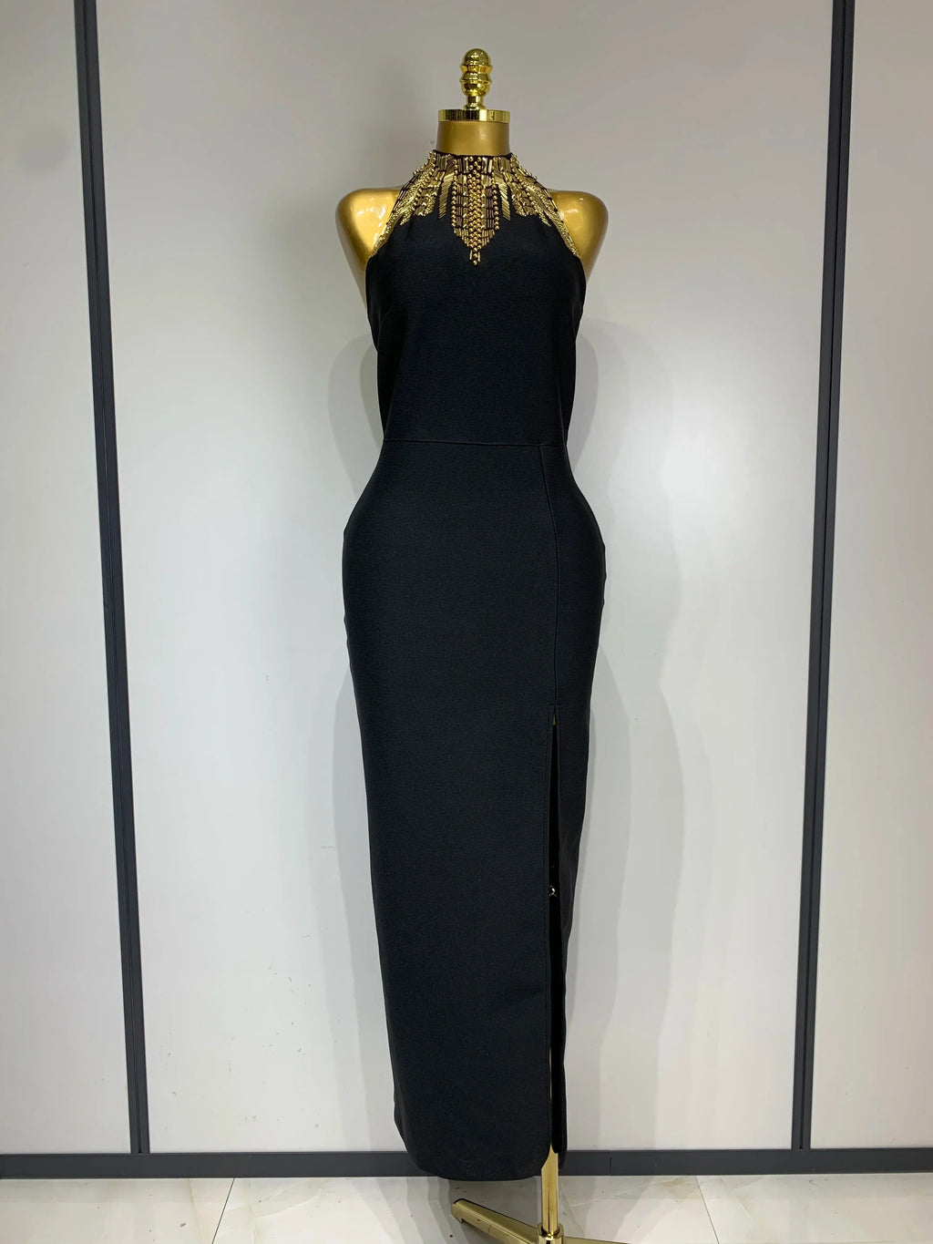 Women Fashion Celebrity Sexy Backless Beading Midi Black Bodycon Bandage Dress Elegant Evening Club Luxury Birthday Dresses black