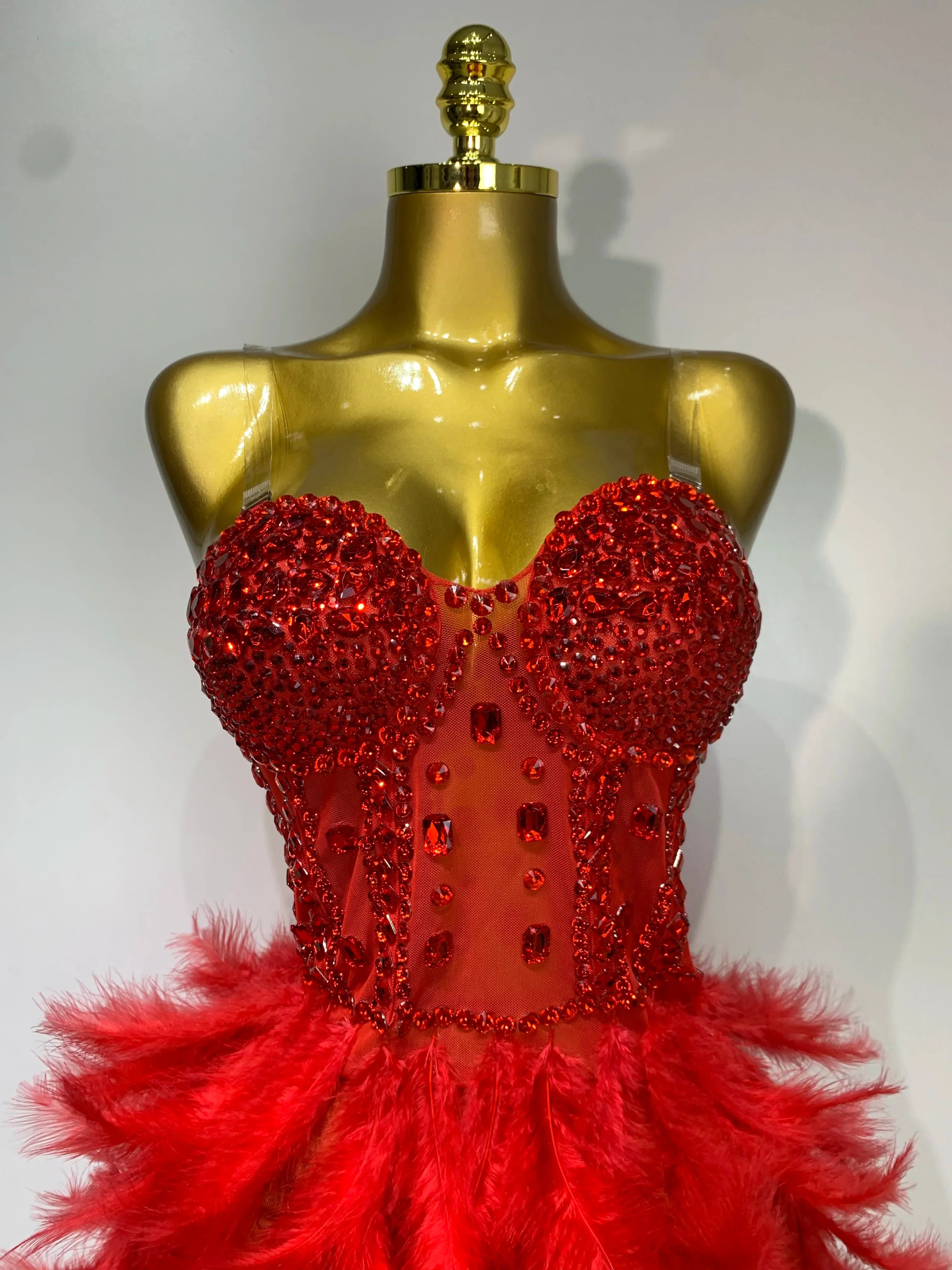 Sparkly Rhinestone Feather Mesh Long Dress Women Sexy Elegant Evening Party Luxury Birthday Photo Shoot Performance Costume