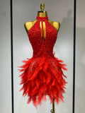 Luxury Rhinestones Pearls Halter Backless Short Feathers Dress Women Sexy Celebrate Birthday Dress Performance Dance Costume Red