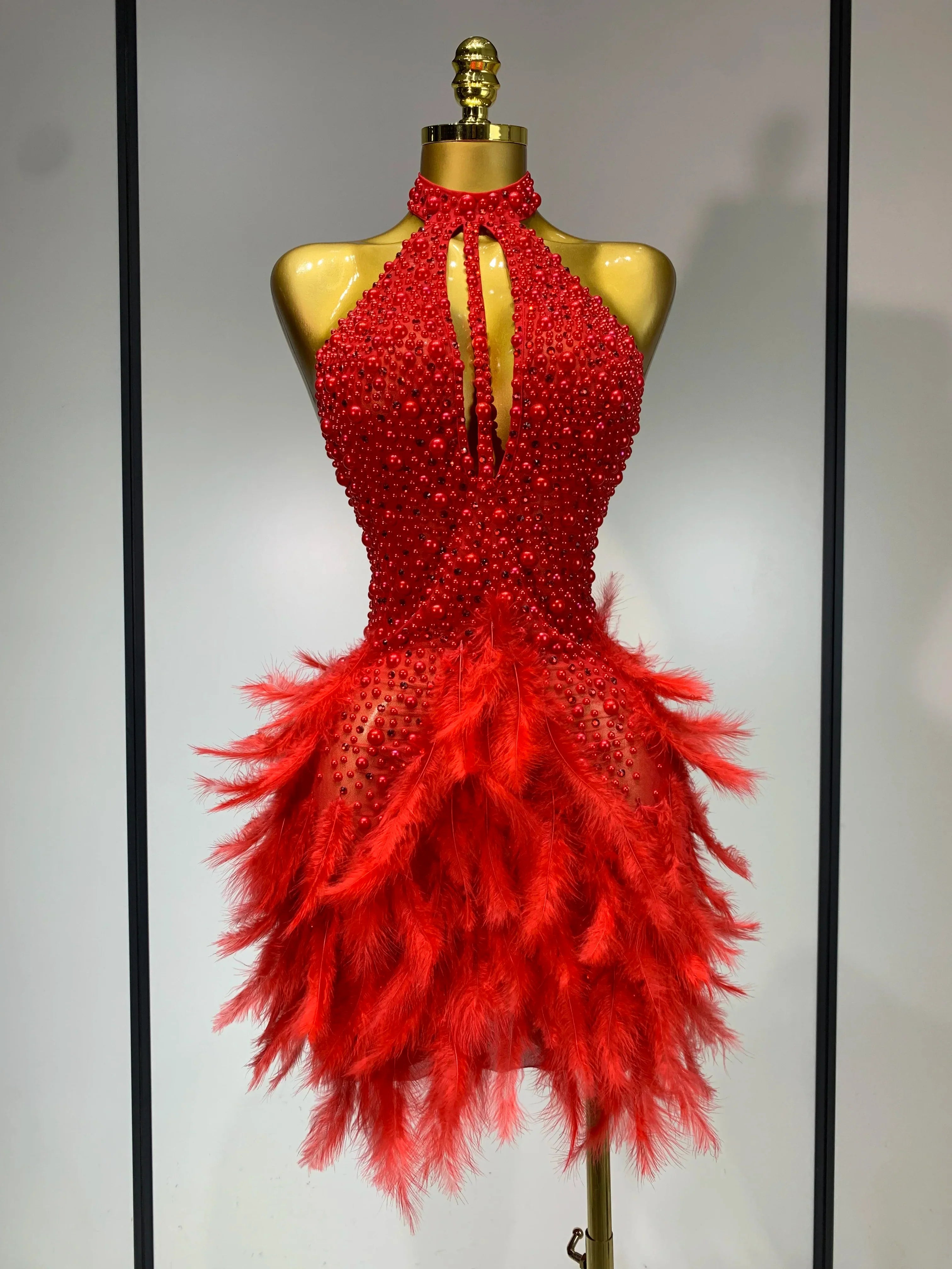 Luxury Rhinestones Pearls Halter Backless Short Feathers Dress Women Sexy Celebrate Birthday Dress Performance Dance Costume Red