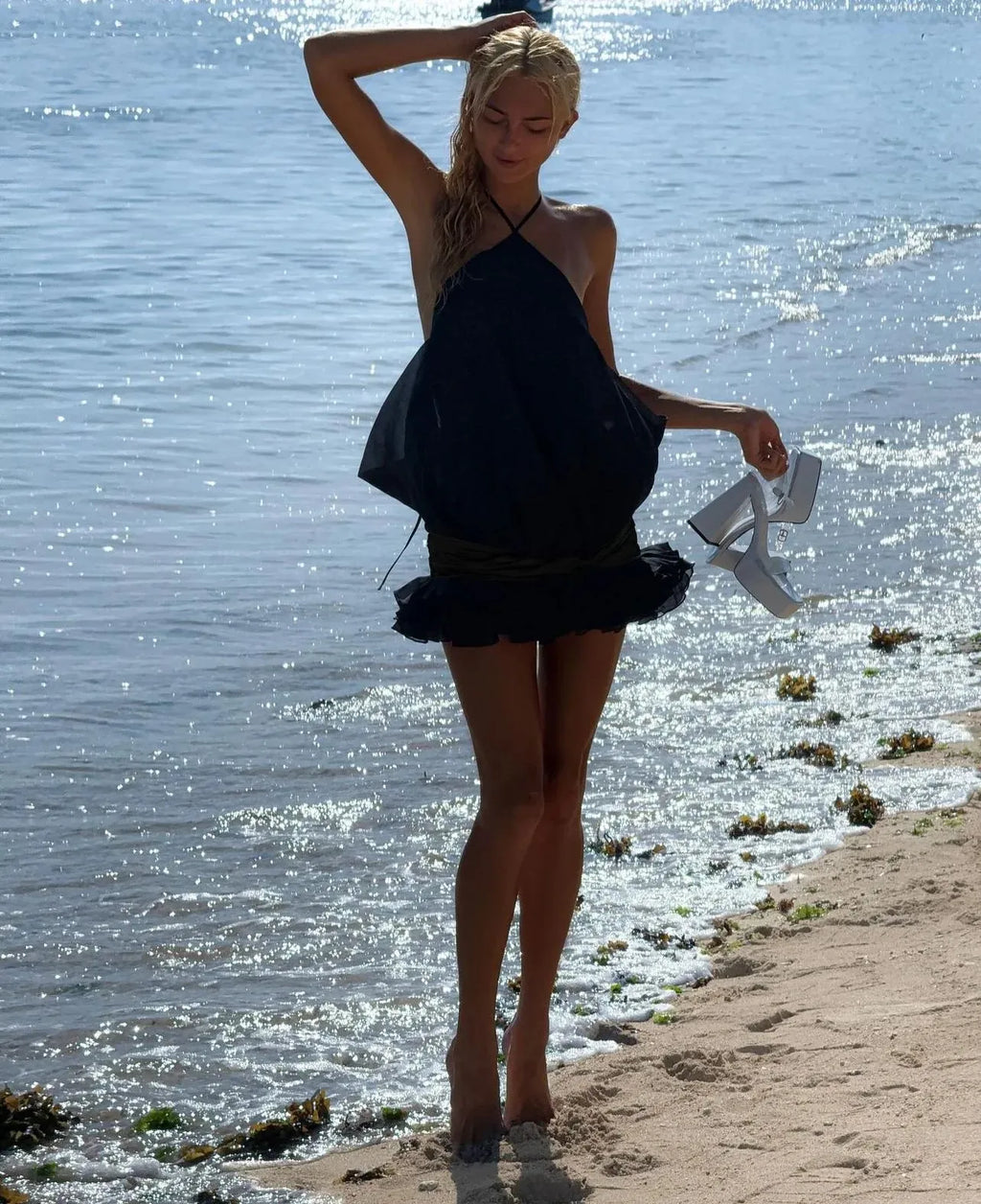 New Summer Black Color Women Sexy Halter Backless Loose Ball Gown Mini Dress Beach Style Girls' Vacation Birthday Outfit