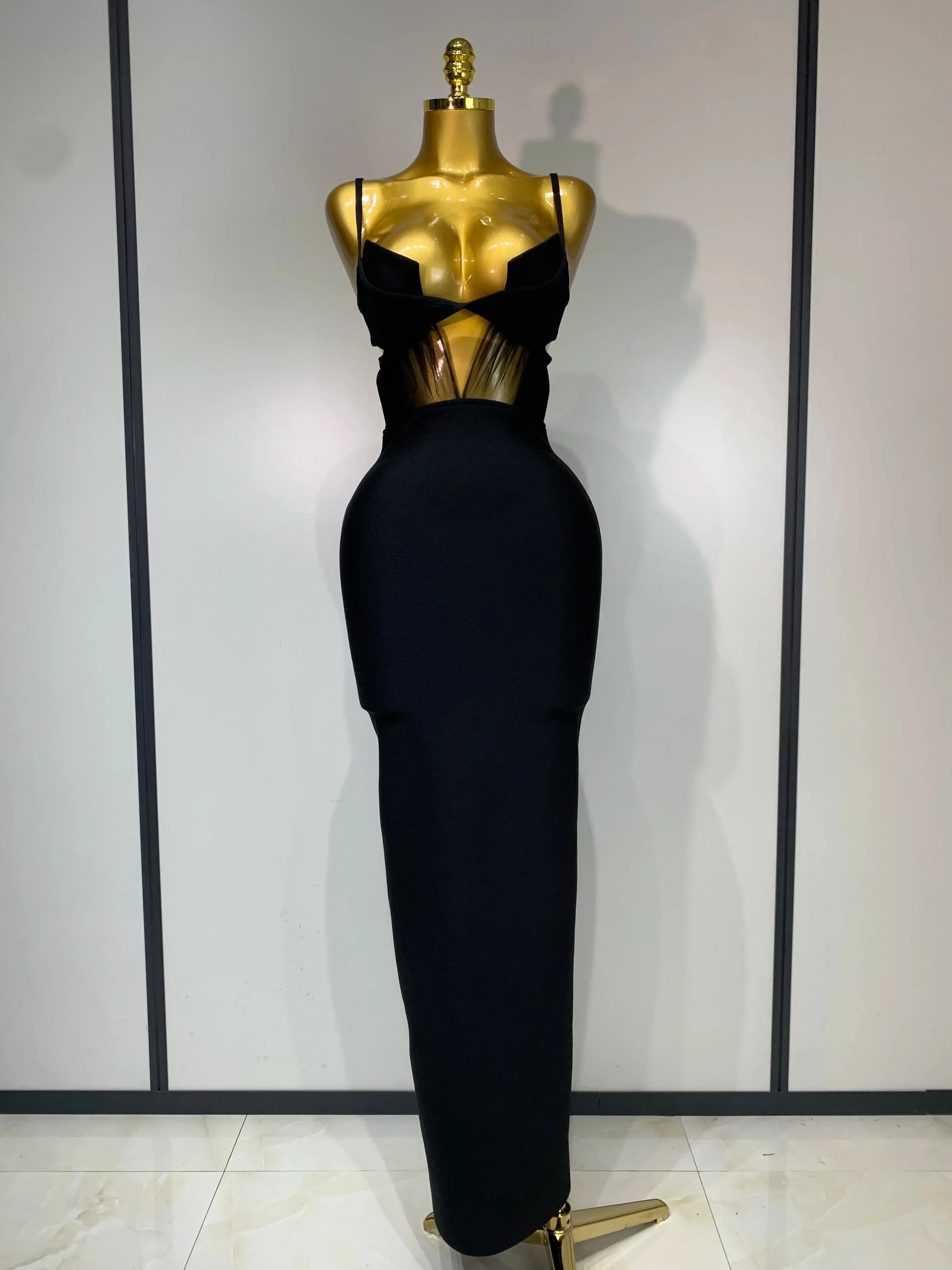 Fashion Black Spaghetti Strap Maxi Long Bandage Dress Mesh Cut Out Elegant Celebirty Bodycon Evening Club Party Birthday Dresses