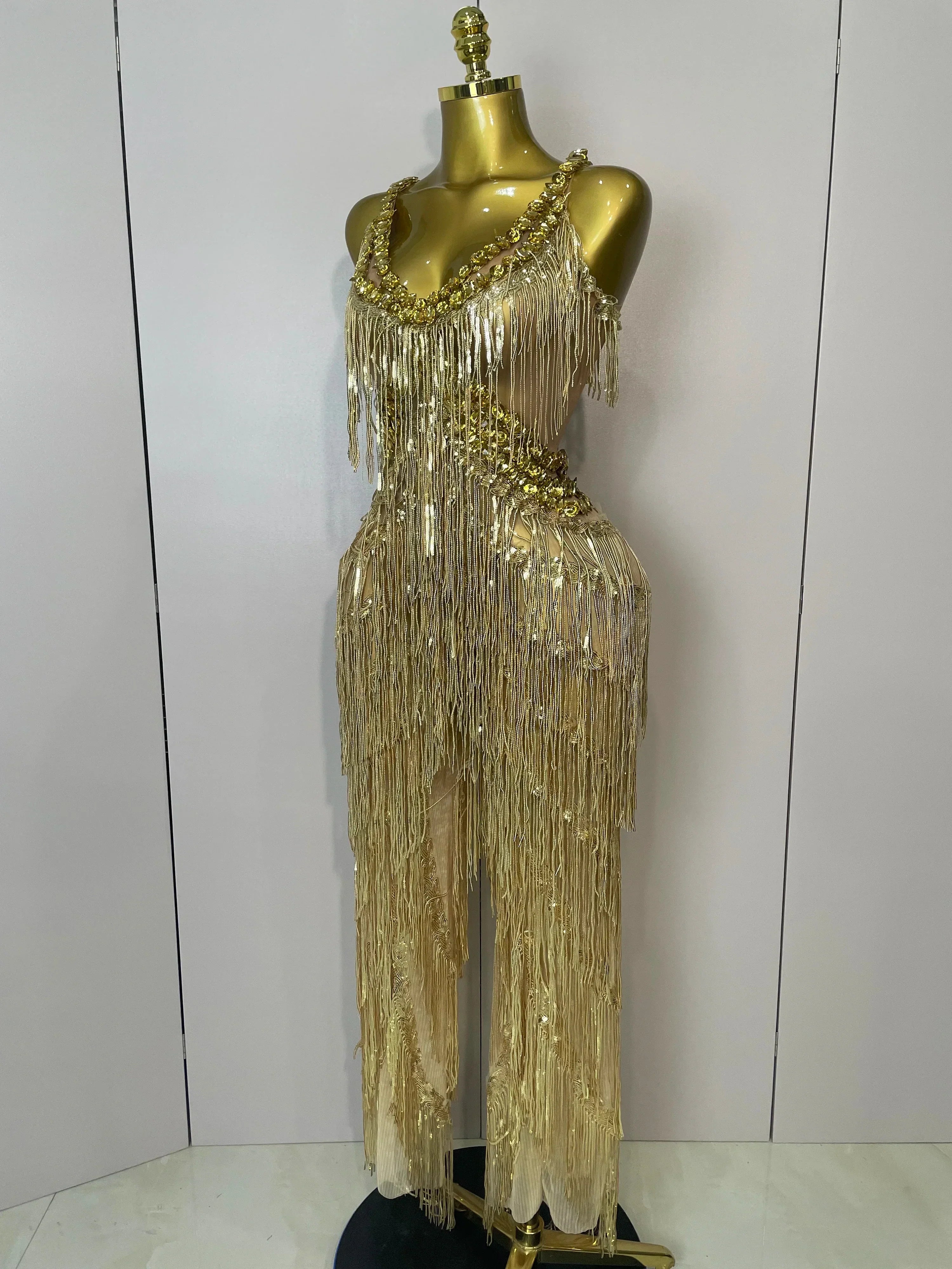 Shiny Gold Rhinestones Sequined Fringe Wide-leg jumpsuit  Women Sexy Night Party Club Outfit Singer Stage Perform Costume