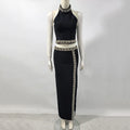 Black Army Green Bandage Two Pieces Sets Sexy Diamond Bead Halter Top Long Skirt Women Bodycon Clothing Elegant Party Sets black