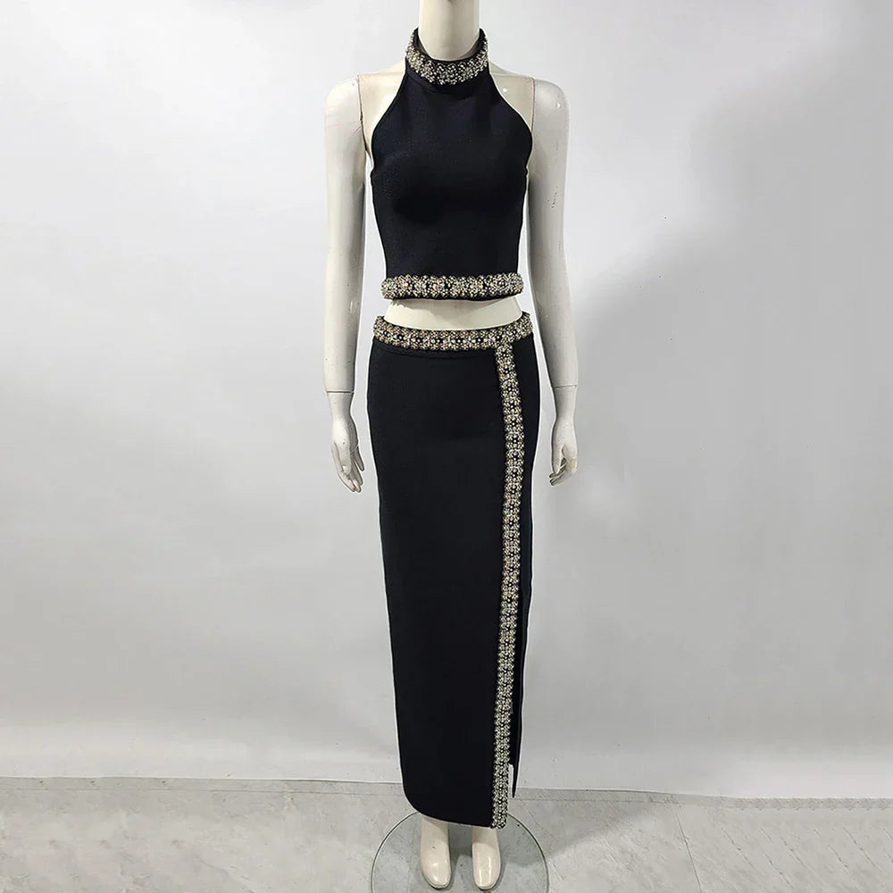 Black Army Green Bandage Two Pieces Sets Sexy Diamond Bead Halter Top Long Skirt Women Bodycon Clothing Elegant Party Sets black