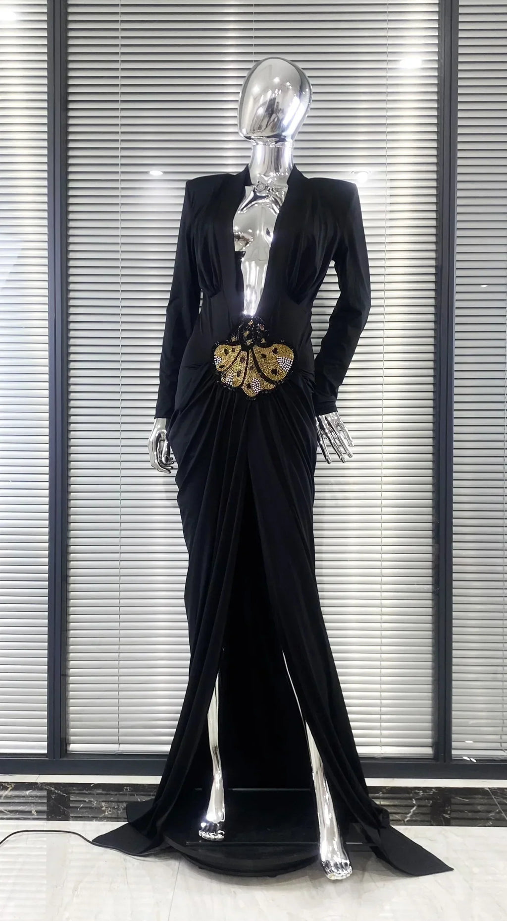 Beaded Decoration Sexy V-Neck Package Hip Black Floor Length Dress Celebrity Party Dress Woman Cocktail Outfit