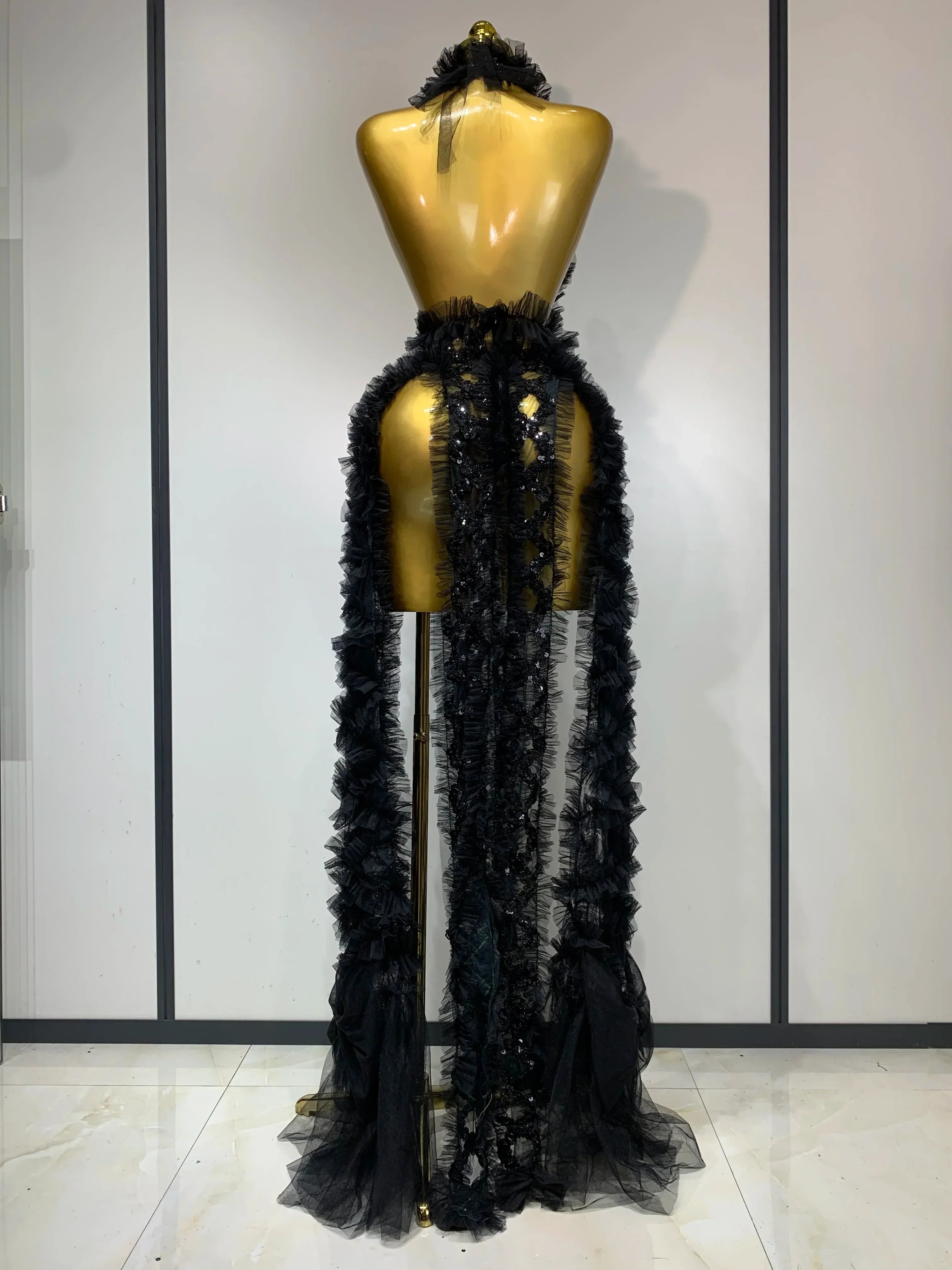 Black Mesh Sequins Sexy  Halter See Through Dress  Evening Party Prom Nightclub Singer Performance Costume Stage Wear