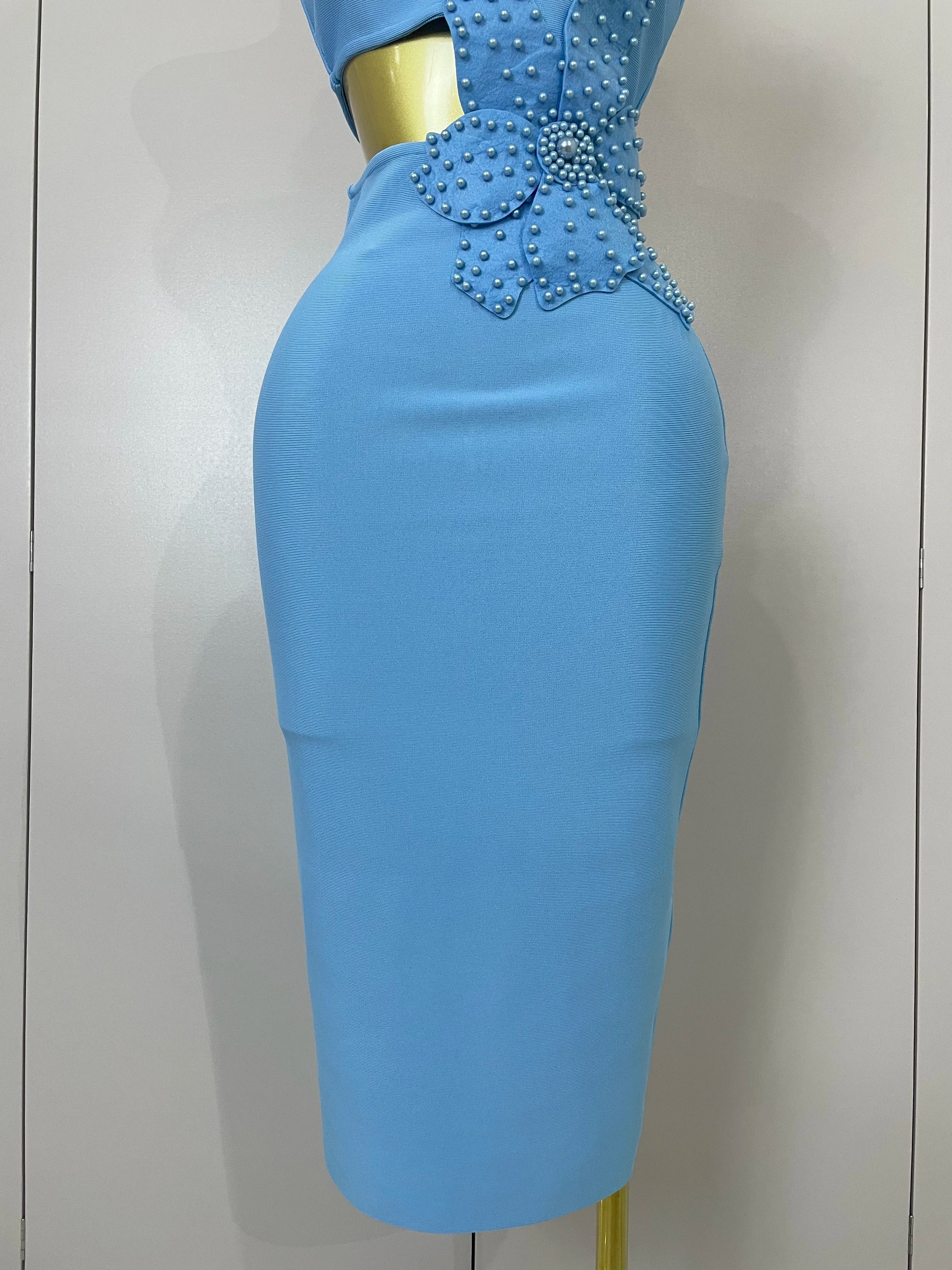Luxury Sexy One Shoulder Pearl Sky Blue Bodycon Bandage Dress  Women Celebrity Elegant Evening Club Birthday Party Outfit