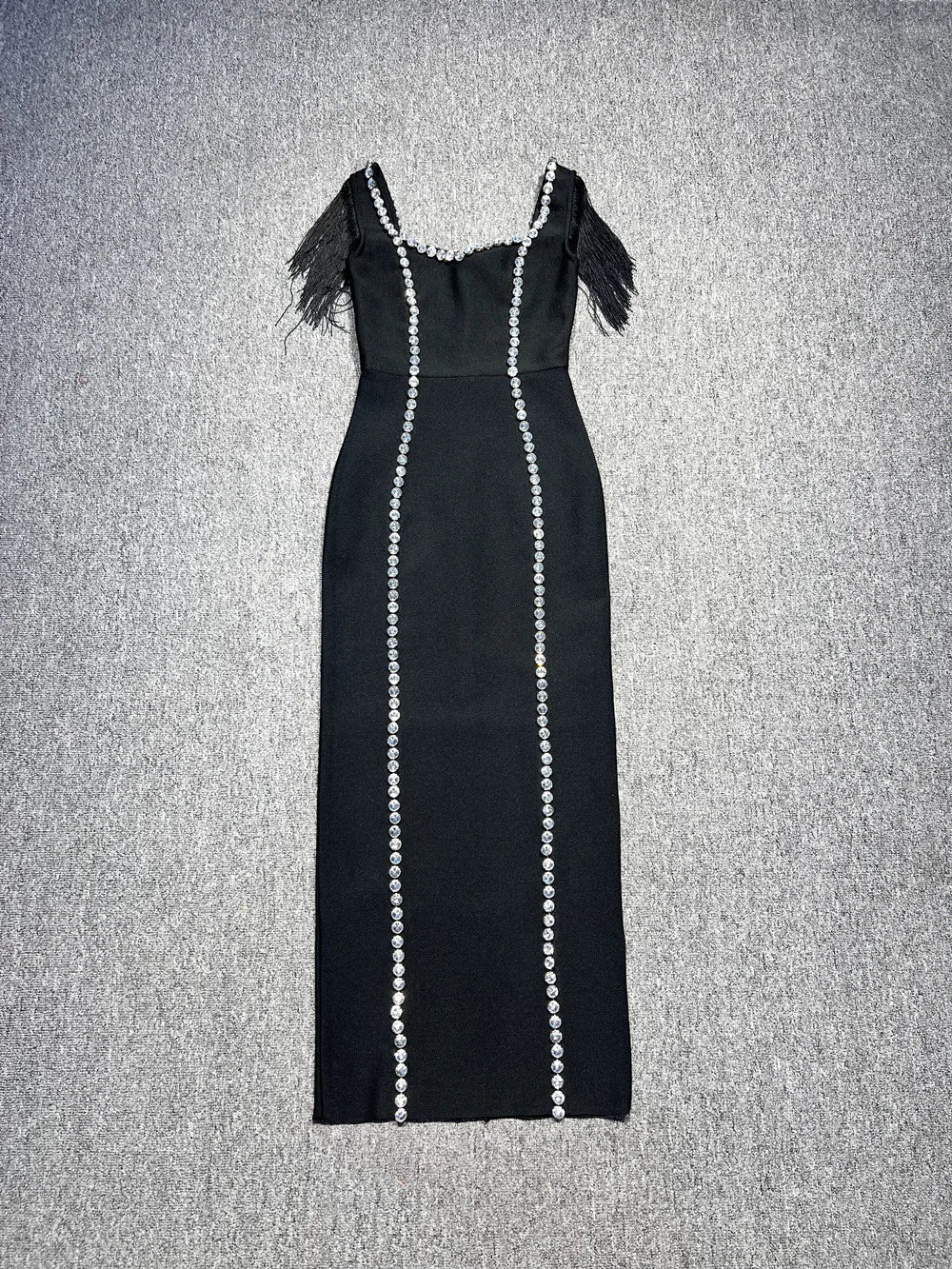 Women Sleeveless Sexy Square Collar Tassels Bodycon Bandage Long Dress Celebrate Nightclub Evening Party Dress