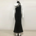 Elegant Solid Diamond Flower Bandage Women Halter Dress Off Shoulder Sleeveless Backless Slim Female Maxi Dresses Lady Robe black
