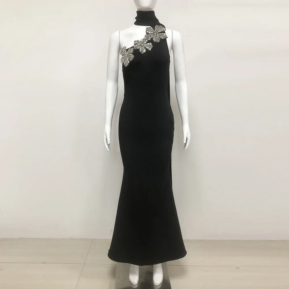 Elegant Solid Diamond Flower Bandage Women Halter Dress Off Shoulder Sleeveless Backless Slim Female Maxi Dresses Lady Robe black