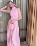 2024 Fashion Sexy Round Neck Strapless Sleeveless Waist Slimming Large Group Of Birthday Dress Dinner Clothing Pink