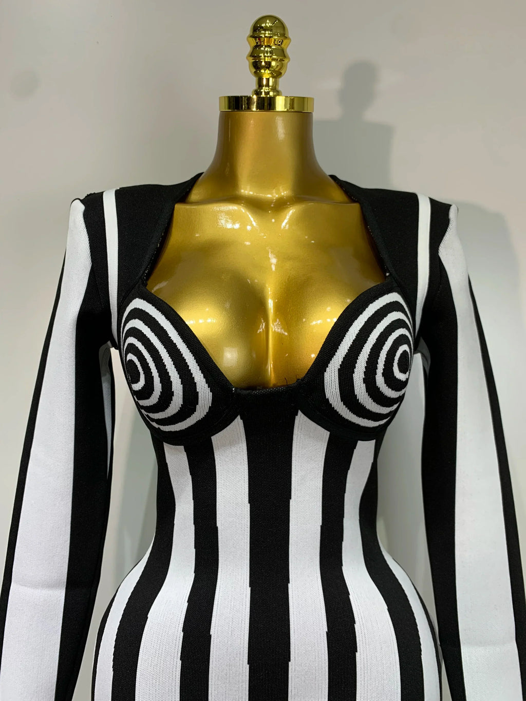 WomenLuxury Sexy Long Sleeve Stripe Black White Mini Bandage Dress  Knitted Celebrity Elegant Evening Club Birthday Dresses
