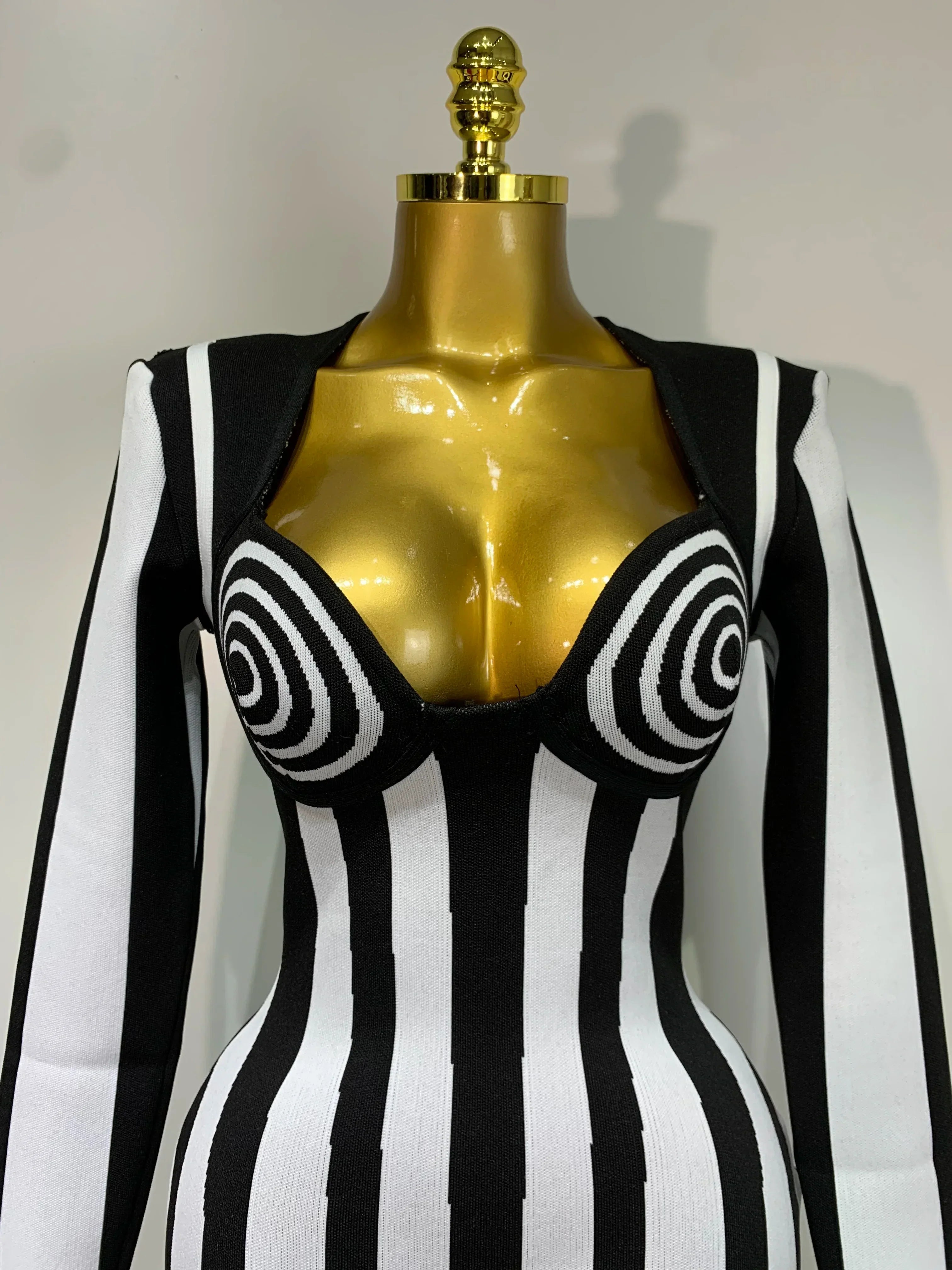WomenLuxury Sexy Long Sleeve Stripe Black White Mini Bandage Dress  Knitted Celebrity Elegant Evening Club Birthday Dresses