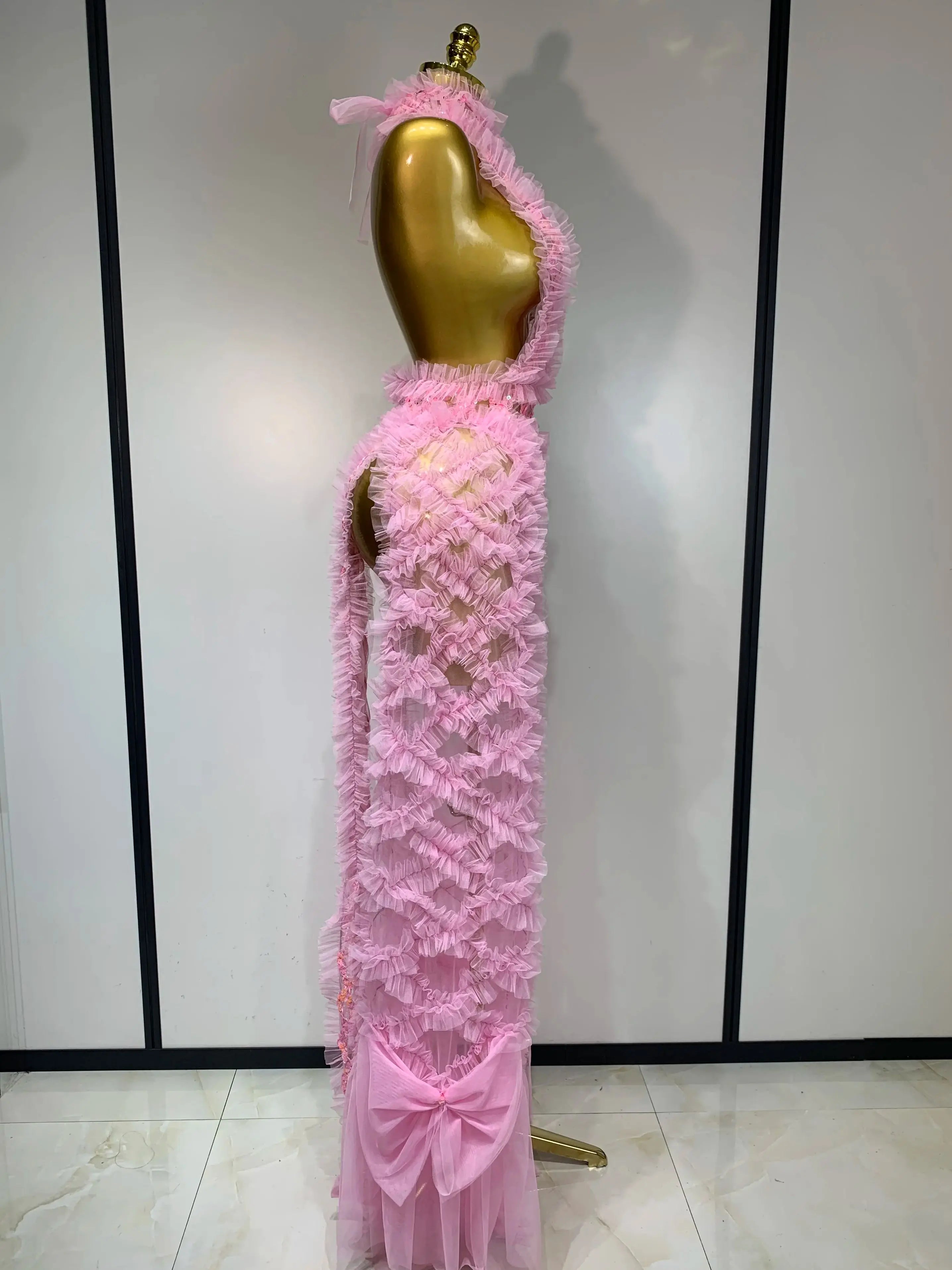 Mesh Sequins Sexy Backless Halter See Through Dress  Birthday Evening Party Prom Nightclub Singer Stage Performance Costume