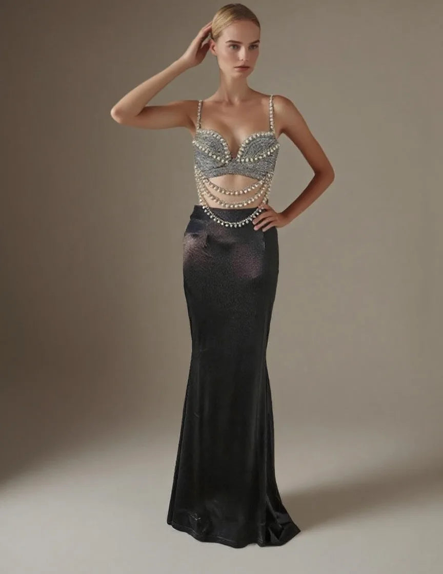New Summer Women Sexy Shinning Crystal Tops 2 Pieces Bodycon Long Dress Elegant Evening Birthday Party Cocktail Outfit black