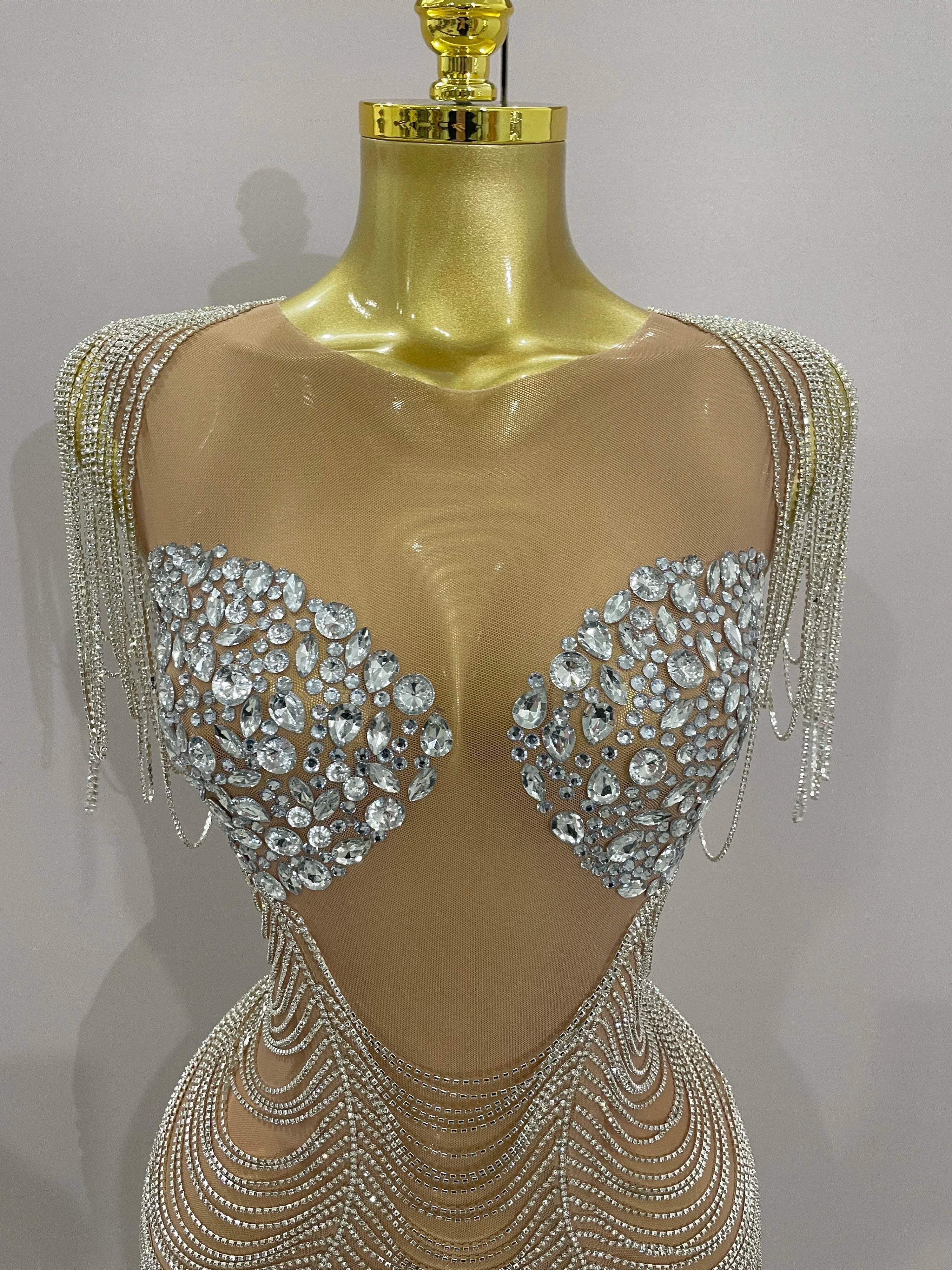 Sparkly Diamonds Crystal Sexy Mesh See Through Mini Dress Women Birthday Party Club Celebrate Stage Performance Costume