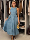 Denim Slim ONeck Sleeveless High Waist Pleated Work Dress