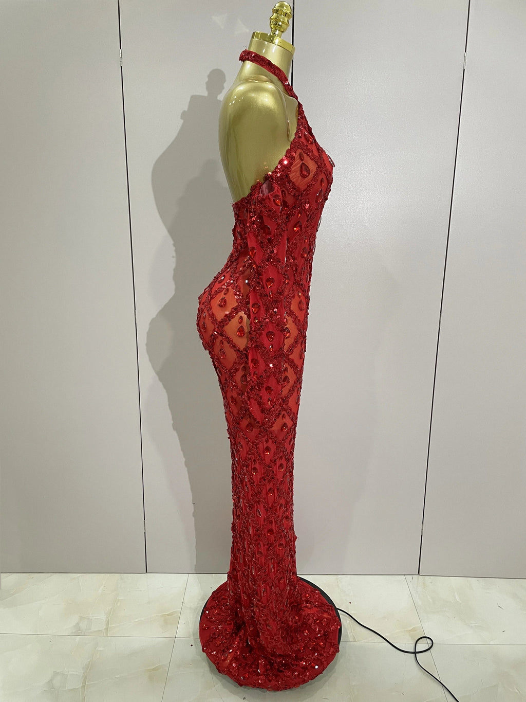 Sexy Sparkly Rhinestones Halter Mesh Long Dress With Gloves  Women Celebrate Evening Wedding Prom Birthday Dress Shoot Wear
