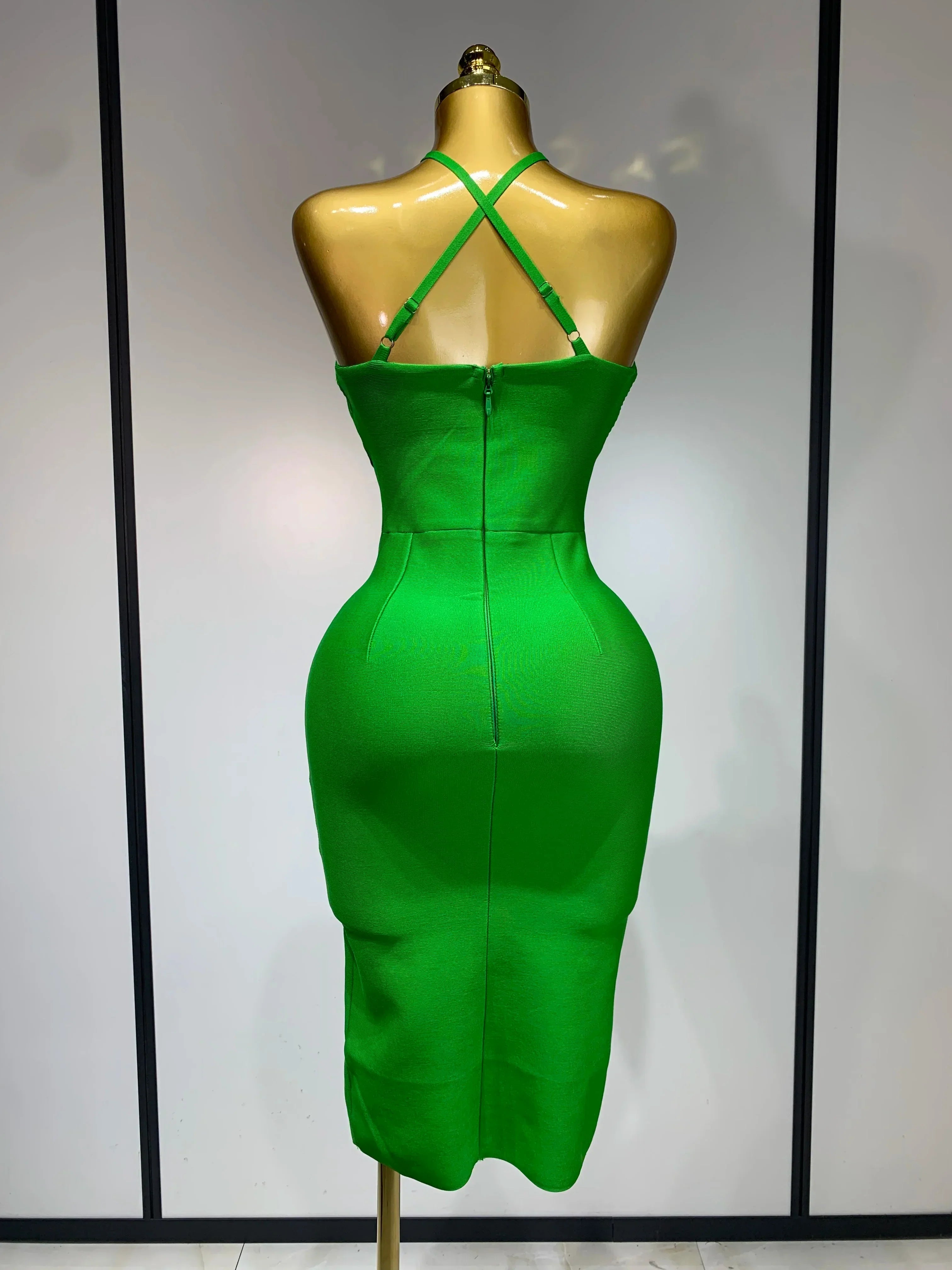 Women Sexy Sleeveless Backless Green Midi Bodycon Bandage Dress  Celebrity Elegant Evening Club Party Luxury Birthday Dress