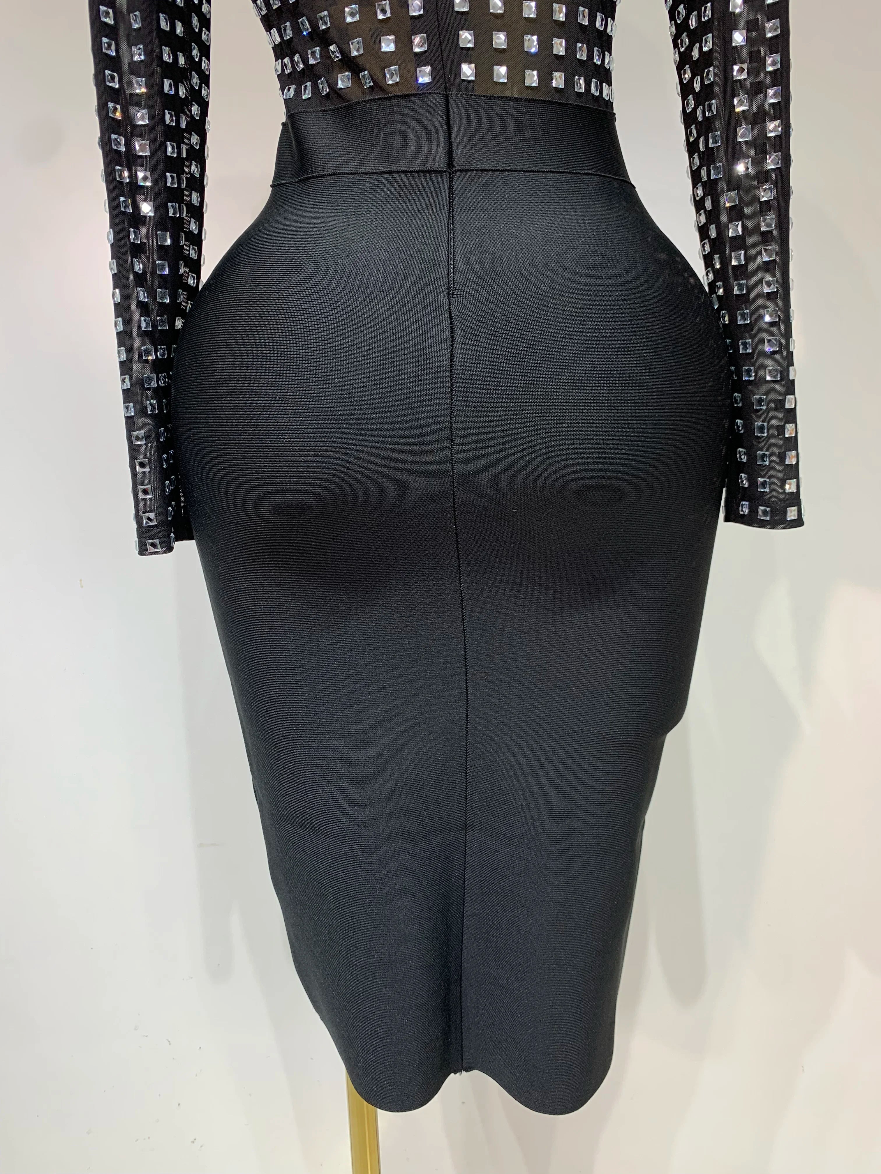 Celebrity Sexy Turtleneck Rhinestones Black Mesh Bodycon Bandage Dress Women Elegant Evening Club Luxury Birthday Dress