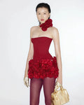 Red Pink Color Women Sexy Strapless Laced-up Bodycon Tops Florals Mini 2 Pieces Dress Celebrate Christmas Evening Party Dress Red