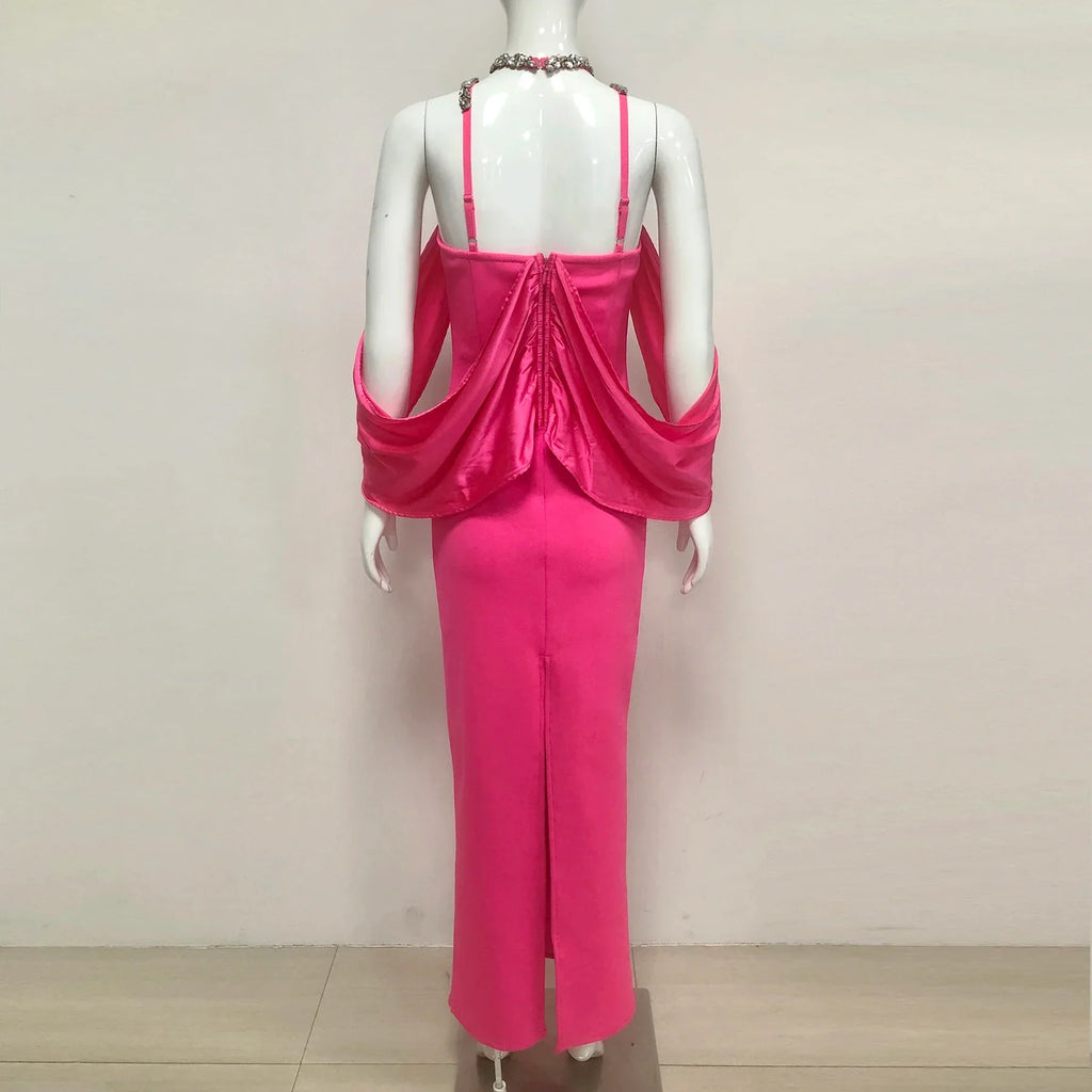 New Women Celebrity Sexy Key Hole Beading Diamonds Pink Maxi Long Bodycon Bandage Dress Elegant Evening Club Party Dress