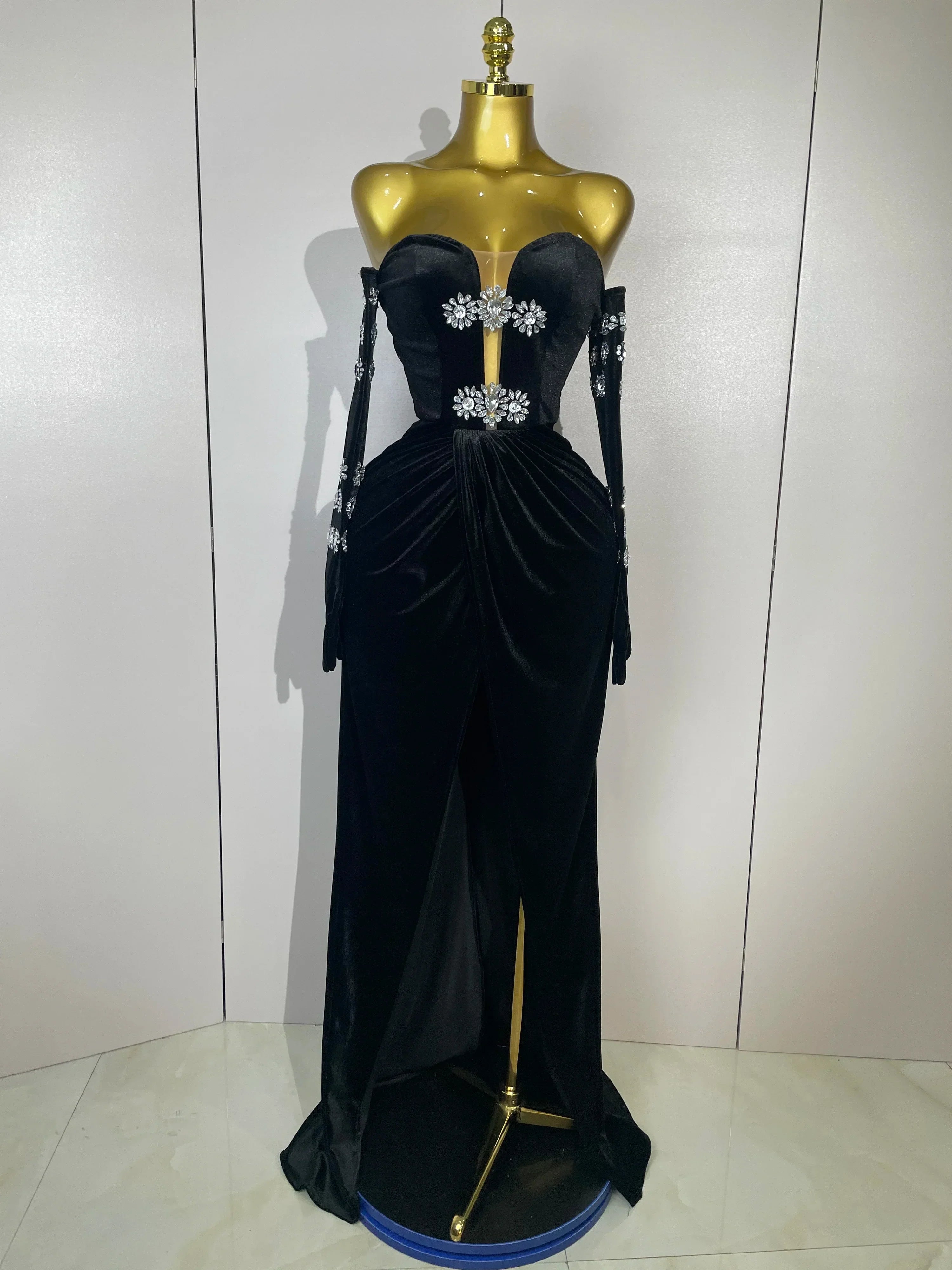 Sparkly Rhinestones Mesh Sexy Split Velvet Gloves Long Dress Women Birthday Celebrate Wedding Gown Stage Photo Shoot Wear black