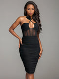 2024 Sexy Women'S Black Chiffon Dress Hanging Neck Style Sleeveless Three-Dimensional Flower Design Bodycon Backless Mini Dress black