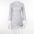 Autumn Bling Glitter Long Sleeve Side Slit Sexy Dresses For Women Feather Fashion Party Clubwear Y2K Fall Outfits Gray