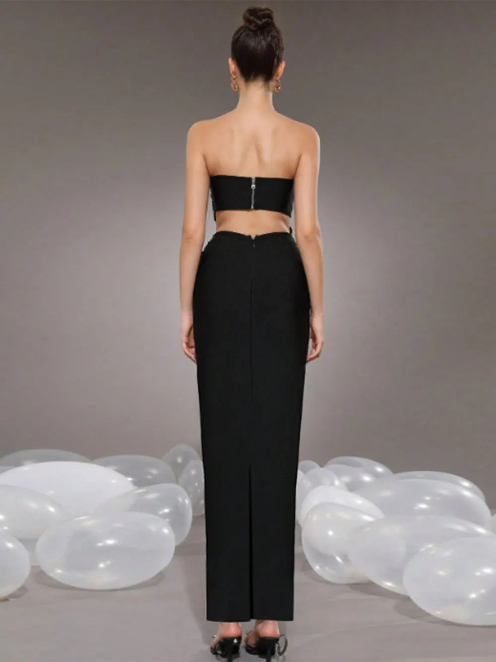 Sexy Women Nail Diamond Flower Design Bandage Long Dress Set Strapless Sleeveless Diamond Set Tank Top+Skirt Two Piece Set