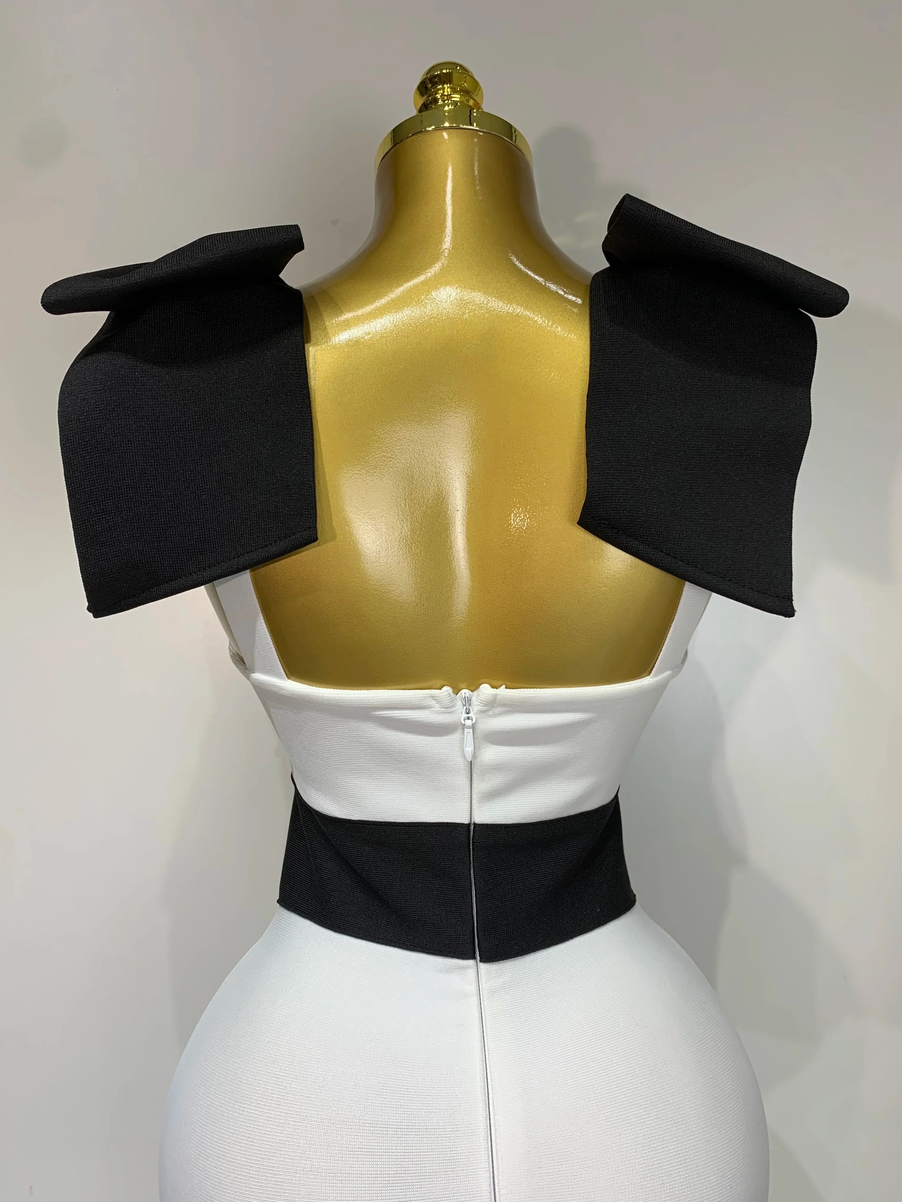Women Sexy Bow Tie Black White Patchwork Bodycon Bandage Dress Celebrity  Elegant Evening Club Party Birthday Dresses