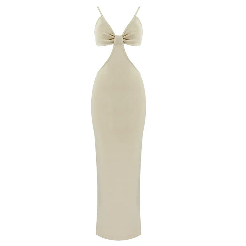 Women Sleeveless Sexy V-Neck Bodycon Mid-calf Dress Bandage Fashion Celebrate Birthday Party Dress High Quality Khaki