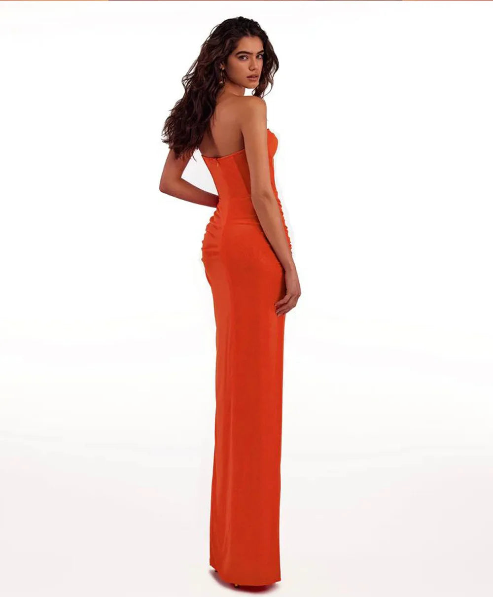 Summer Women Sexy Strapless Bodycon Mid-calf Bodycon High Split Dress Fashion Wedding Mermaid Celebrate Party Dress