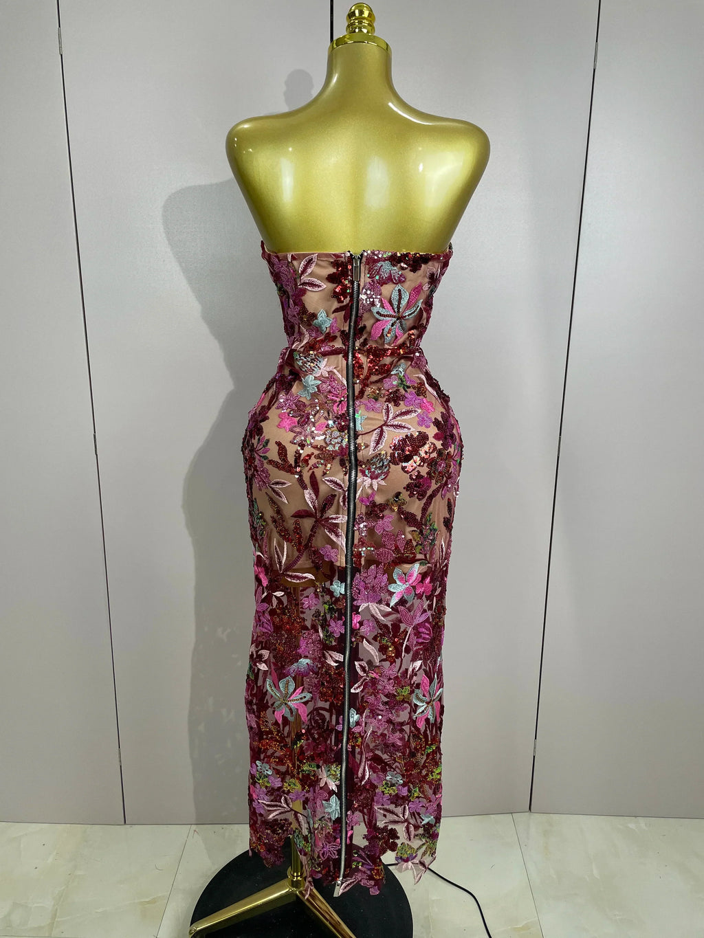 Sexy Strapless Floral Sequin Long Dress  Women Sequins Flower Backless Long Slim Dress Evening Party Runway Gown Dress