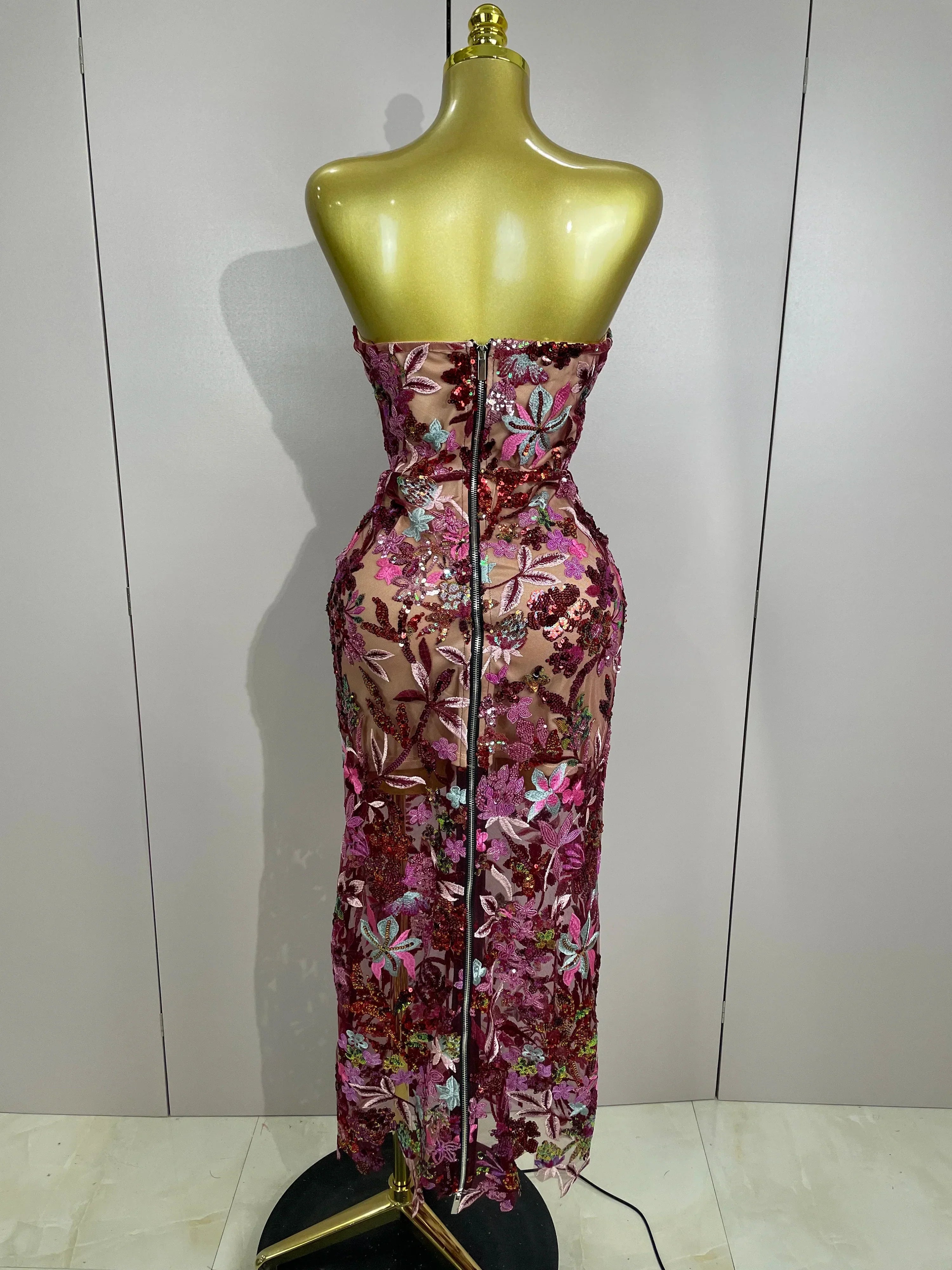 Sexy Strapless Floral Sequin Long Dress  Women Sequins Flower Backless Long Slim Dress Evening Party Runway Gown Dress