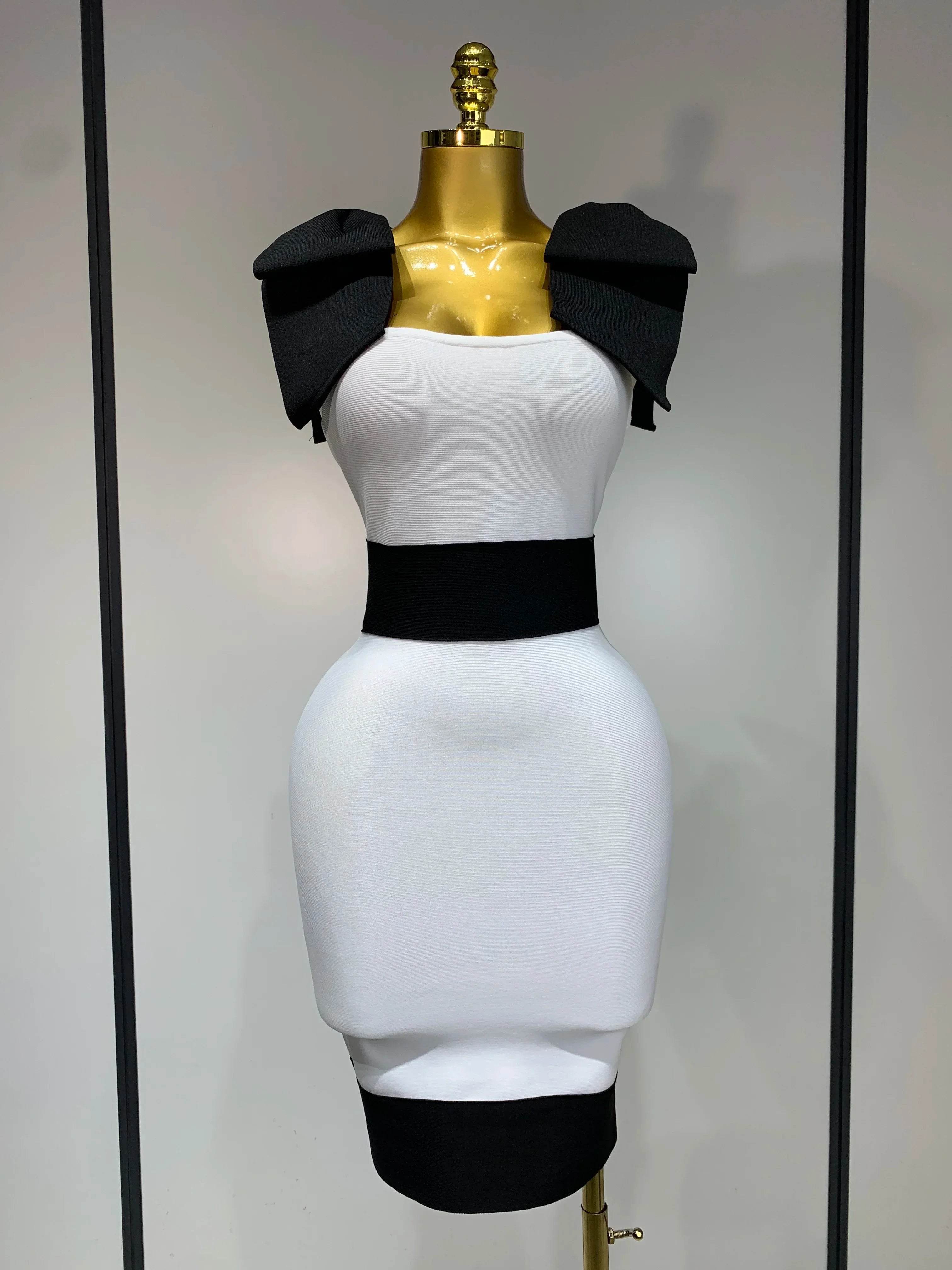 Women Sexy Bow Tie Black White Patchwork Bodycon Bandage Dress Celebrity Elegant Evening Club Party Birthday Dresses WHITE