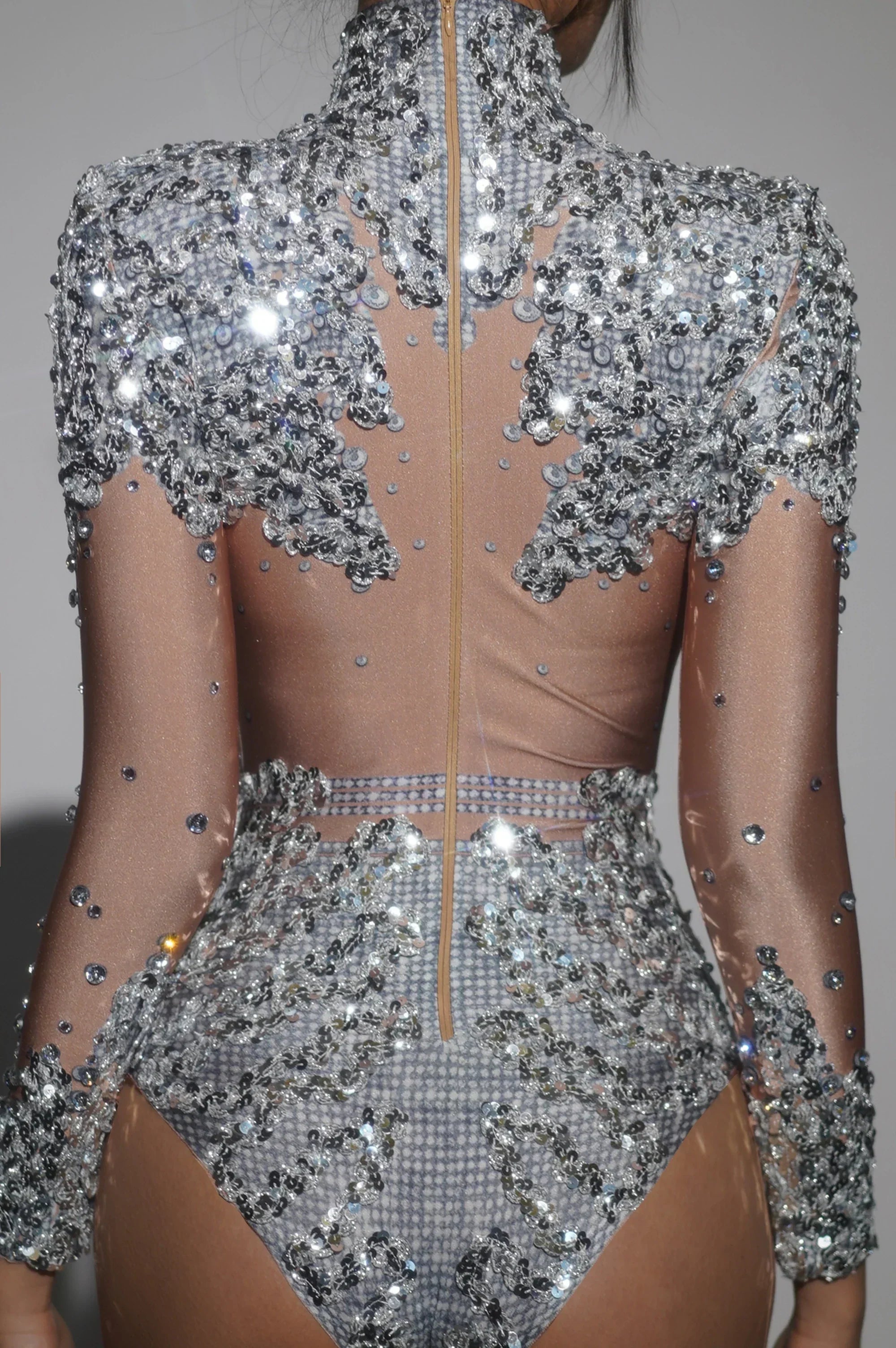 Sparkly Gold Silver Rhinestone Sequin Stretch Bodysuits  Women Birthday Party Nightclub Dancer Stage Performance Costume