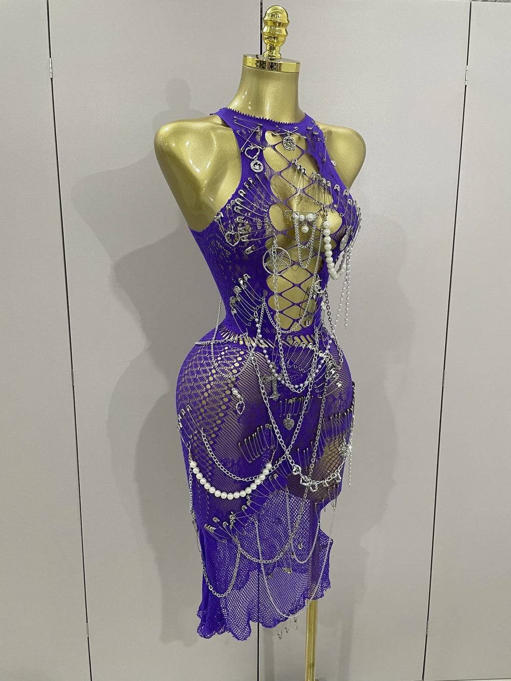 Sexy Black See-Through Pin Decoration Chain Beading Short Dress  Women Birthday Evening Party Nightclub Performance Costume