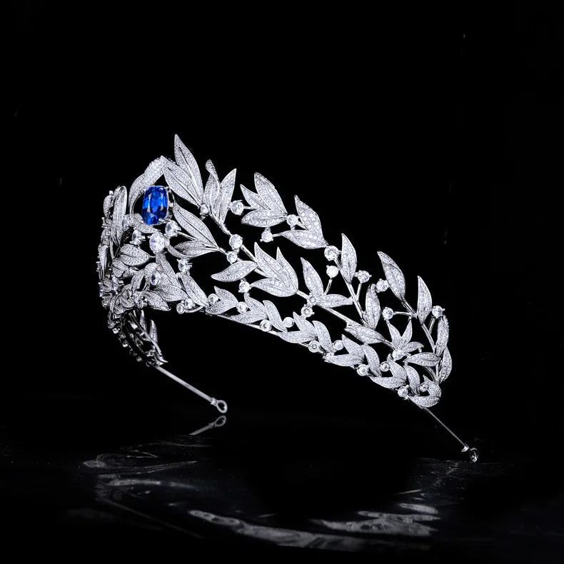 Bridal Hair Jewelry Blue Zircon Tiaras and Crowns Cubic Zirconia Headband Women Bride Princess Queen Diadem Wedding Accessories