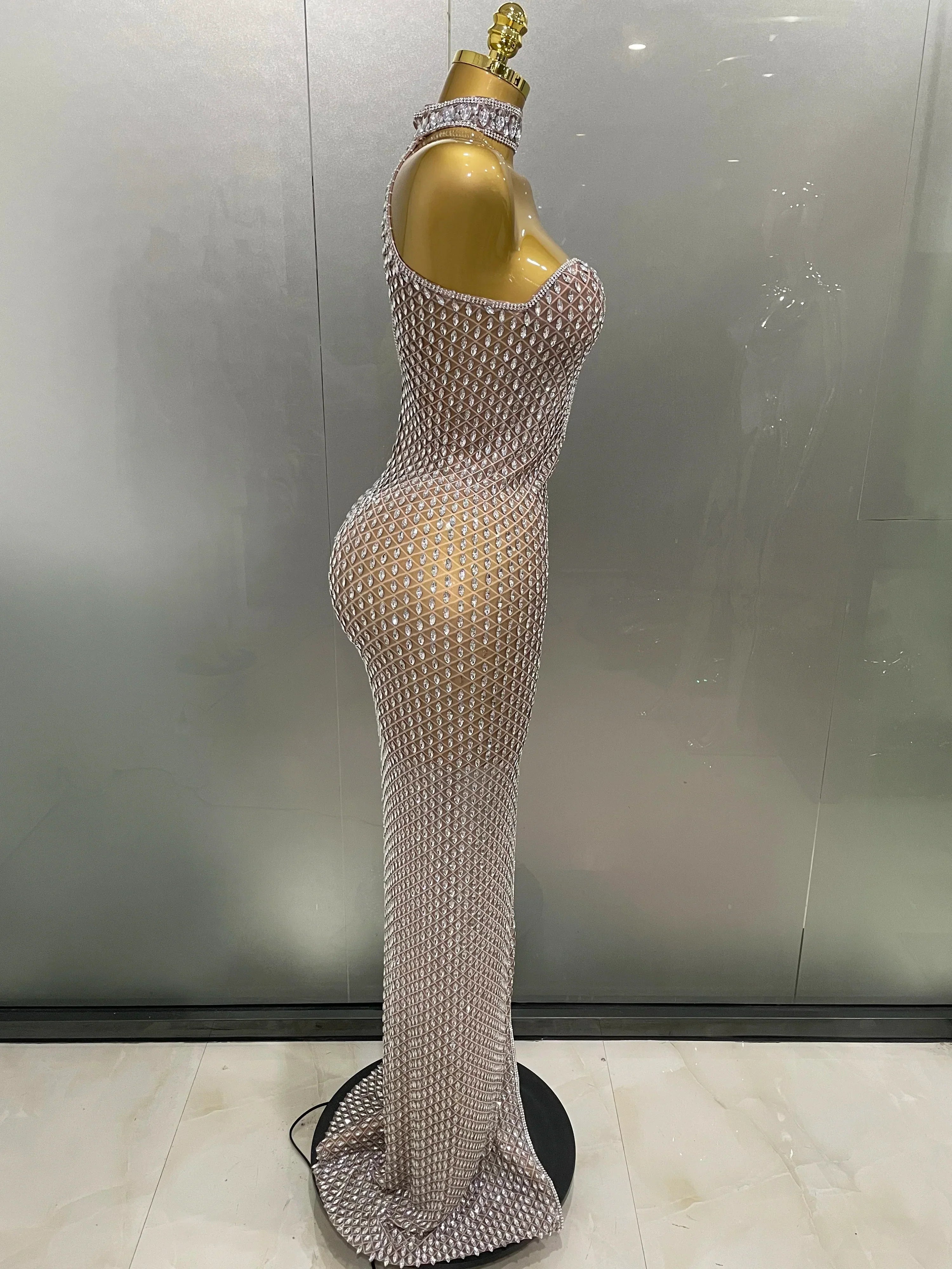 Luxurious Full Rhinestones Mesh Transparent long dress Women Birthday Celebrate Evening Prom Dress party Club Stage Costume