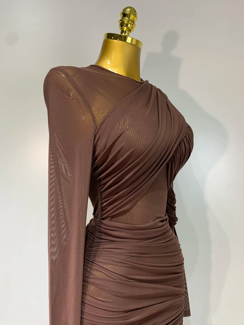 Elegant Brown Mesh Fold Long Sleeve Bodycon Dress Women  Evening Party Club Sexy Perspective Fashion Luxury Birthday Dresses
