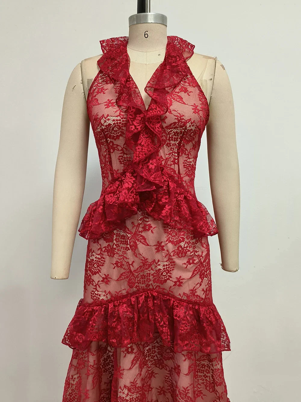 Sexy Lace Midi Halter Dress Women Red Ruffle Backless Sleeveless Party Dresses Summer Lady Vacation Robes New