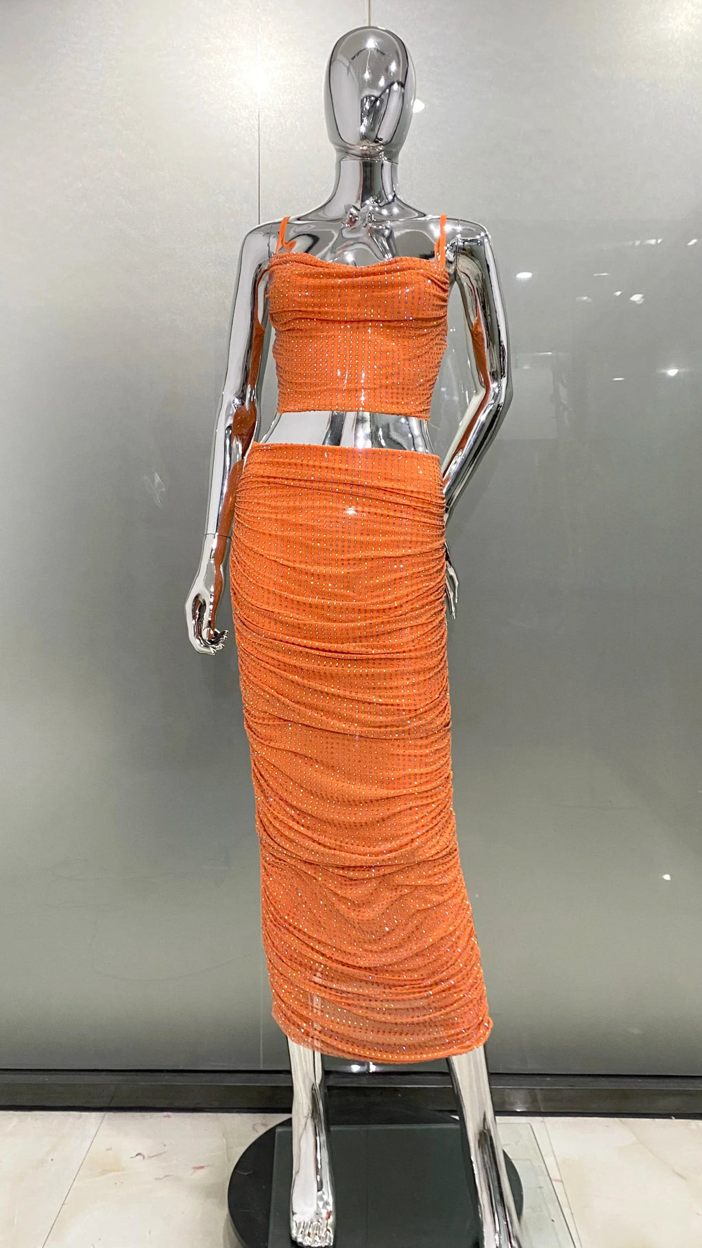Orange Color Women Sleeveless Sexy 2 Pieces Shinning Rhinestones Bodycon Long Dress Fashion Celebrate Nightclub Party Dress