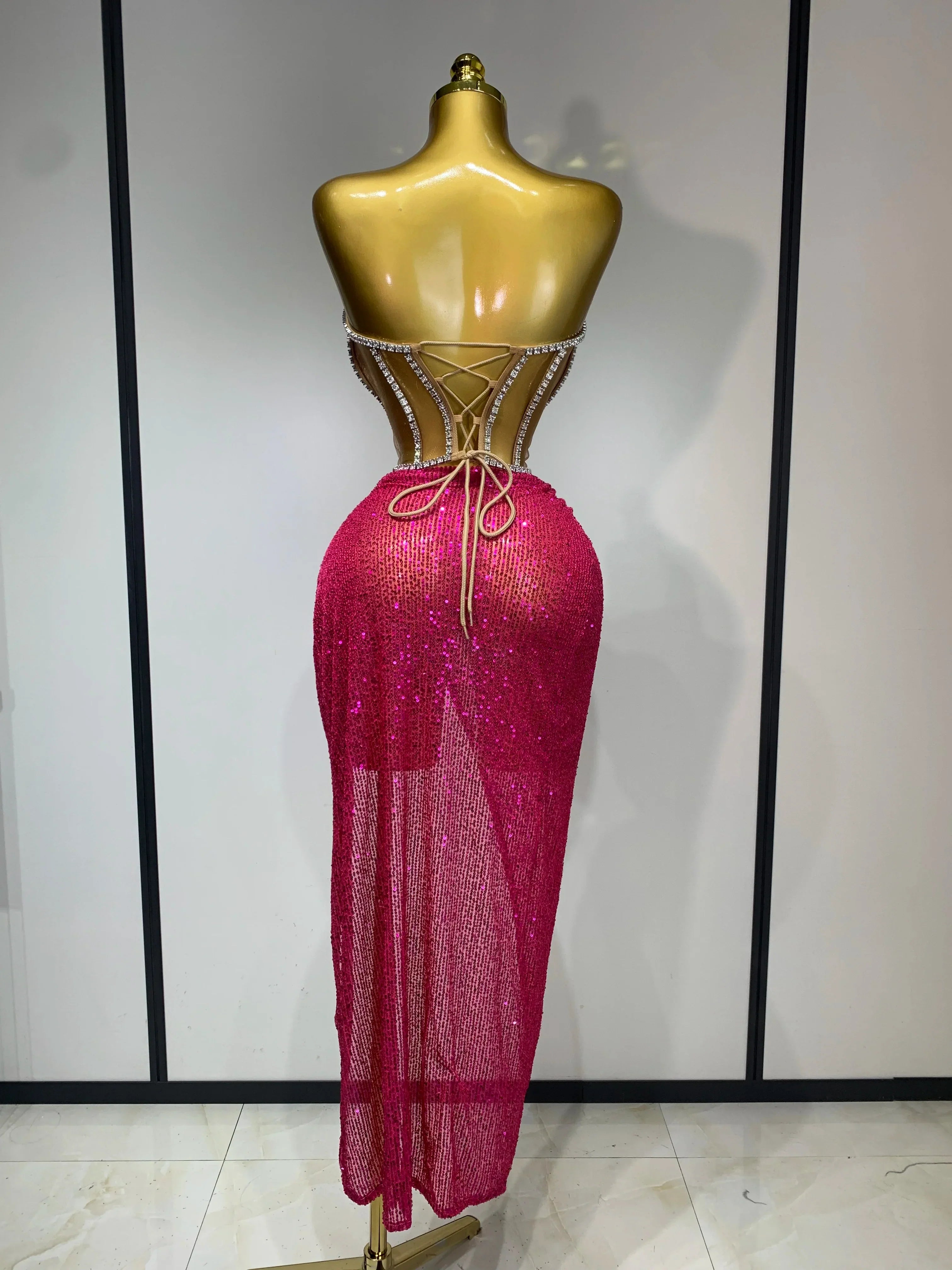 Women Sparkly Rhinestones Sequins Sexy Mesh Two Piece Set Evening Birthday Party Dress Nightclub Stage Performance Costumes