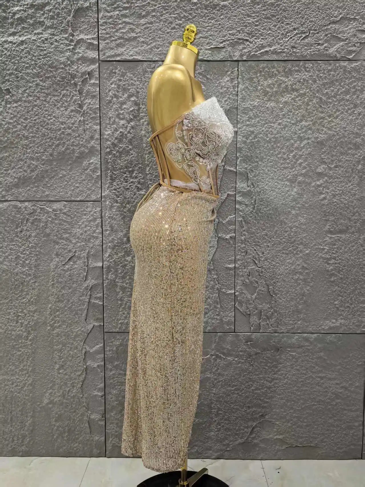 Women Sexy Strapless Shinning Crystal 2 Pieces Bodycon Mid-calf Dress Celebrate Bar Singer Performance Stage Wear