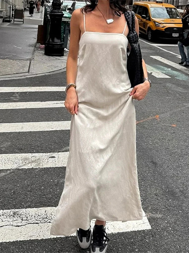 Slip Dress Women Summer Cotton Lined Loose Dresses Sleeveless Thin Straps White Long Dresses Backless Beach Holiday Dresses
