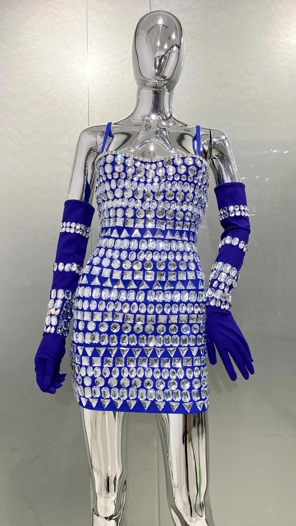 Women Luxury Sexy Crystal Beading Women Sleeveless Sexy Bodycon Mini Dress Gloves Nightclub Party Celebrate Birthday Dress Blue
