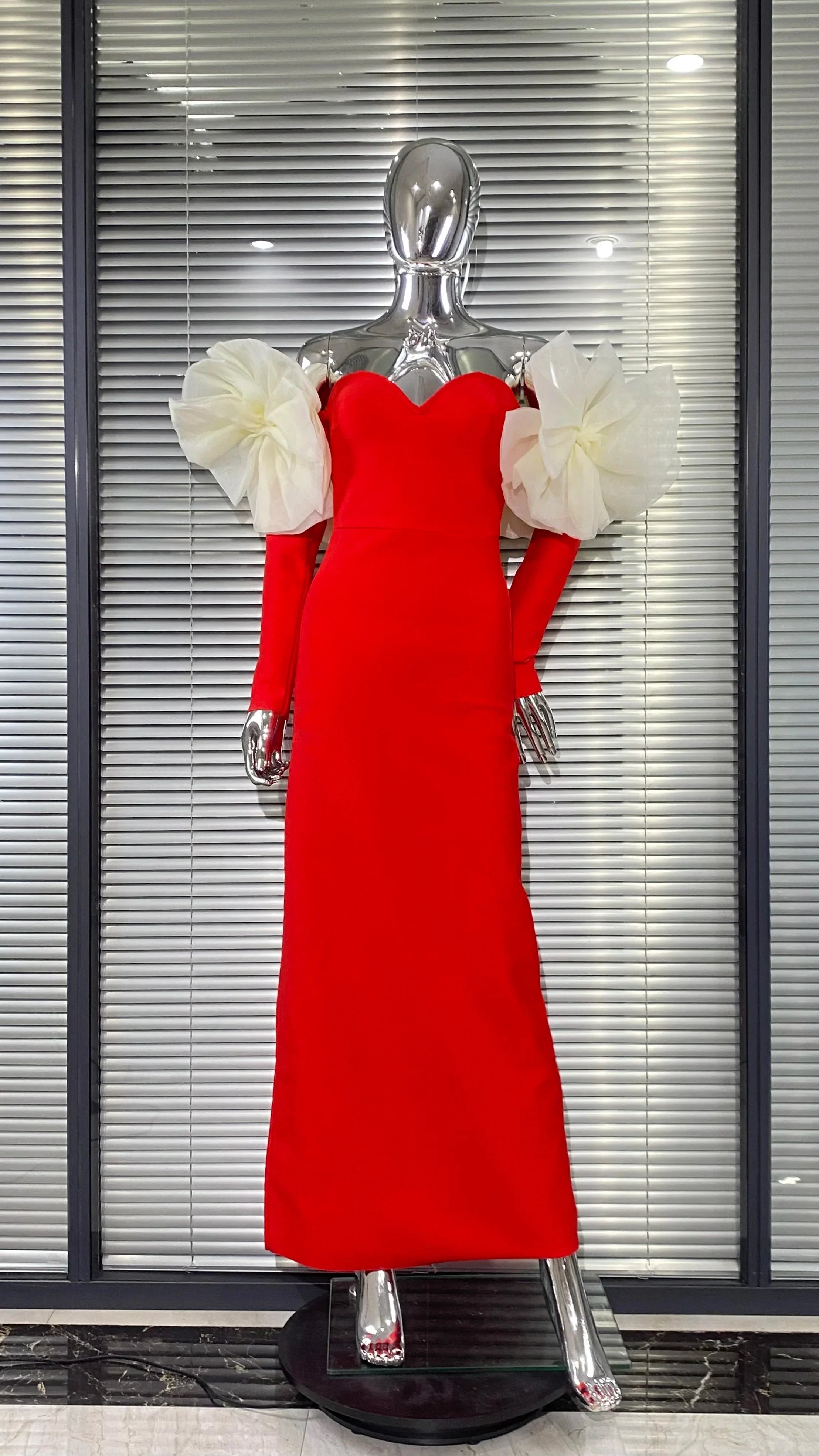 Stereoscopic Flower Sexy Off The Shoulder Ankle Lenght Bandage Dress Woman Birthday Party Vestido Celebrity Party Outfit Red Flower